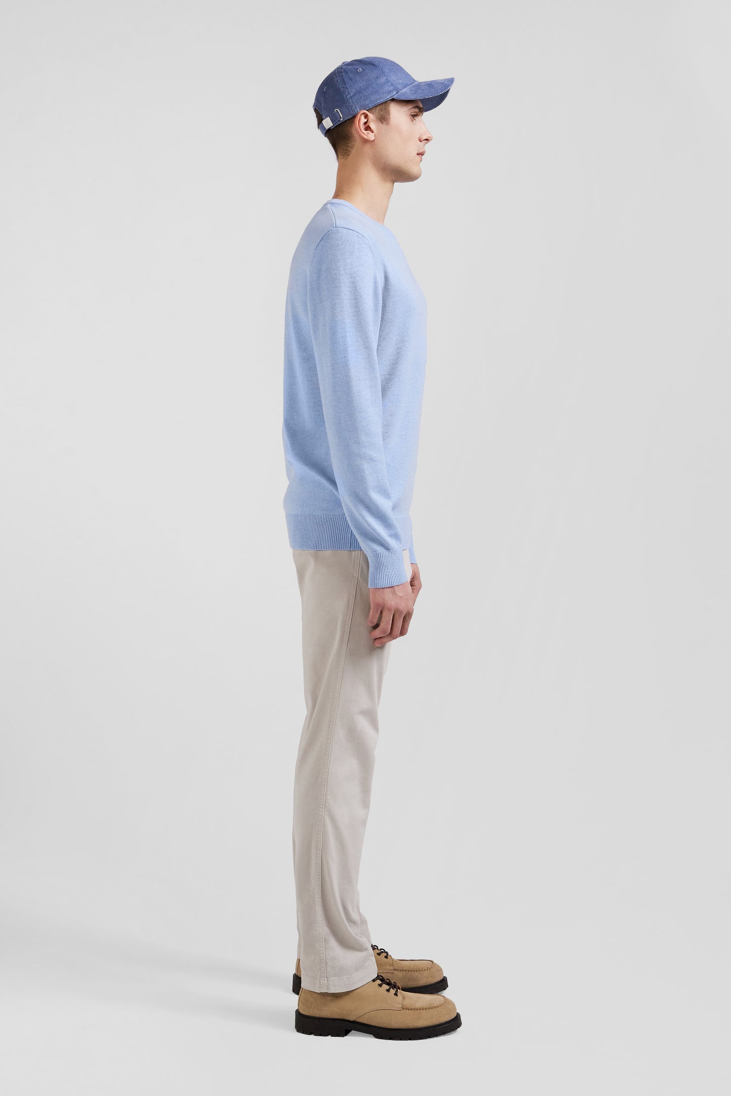 Regular sky blue wool and cotton crew neck jumper