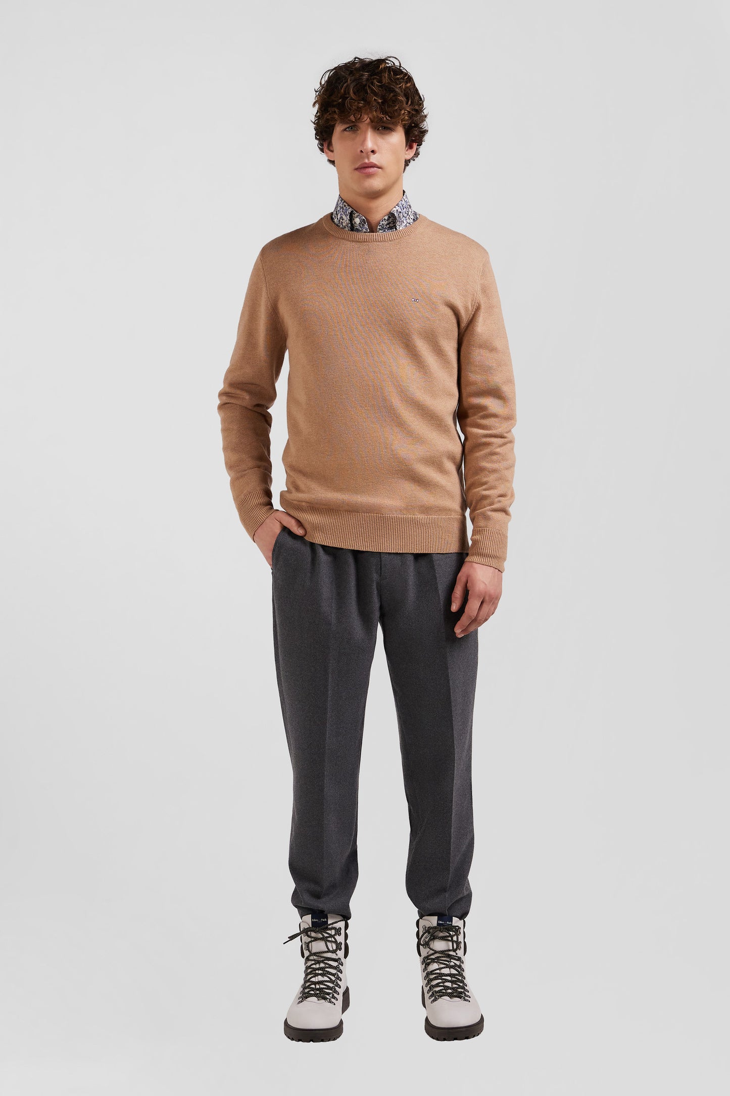 Regular camel wool and cotton crew neck jumper