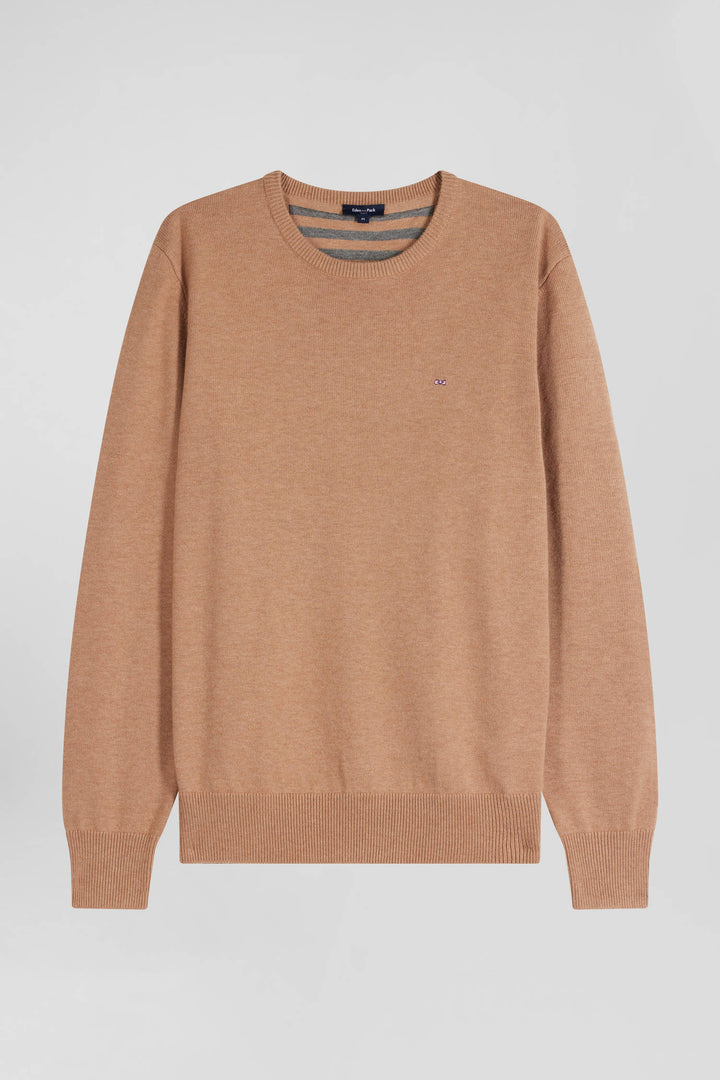 Pull col rond en laine et coton camel coupe Regular