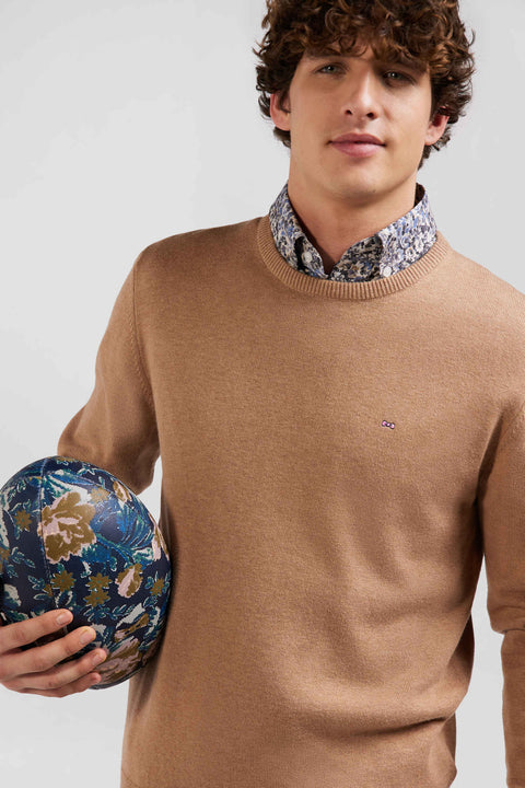 Regular camel wool and cotton crew neck jumper - Image 3