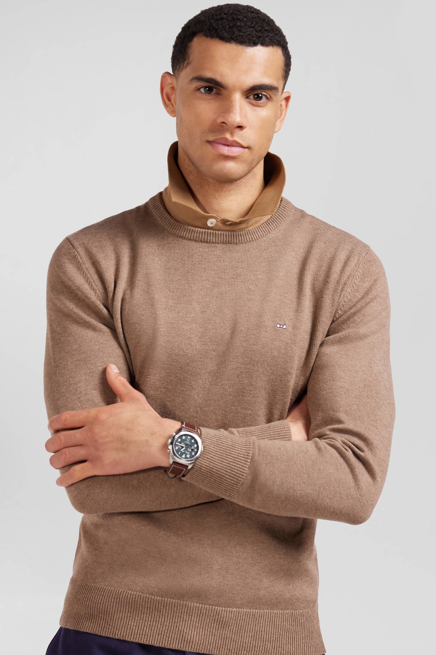 Regular brown wool and cotton crew neck jumper