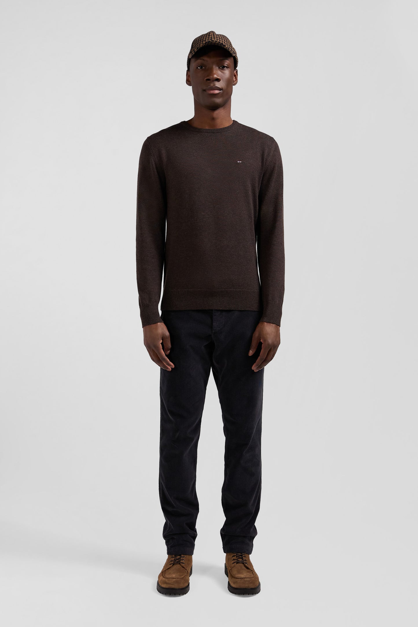 Regular dark brown wool and cotton crew neck jumper