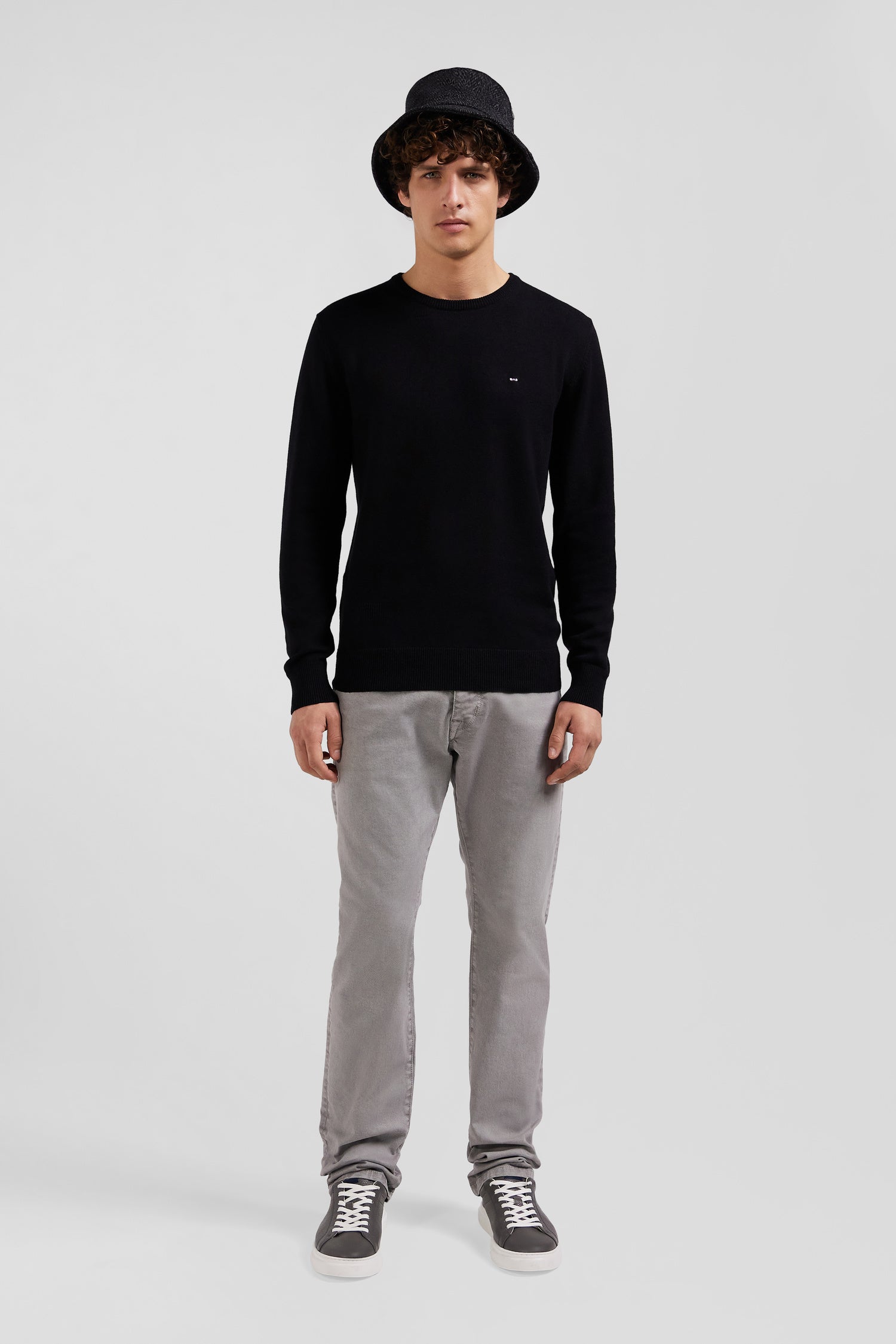 Regular black wool and cotton crew neck jumper