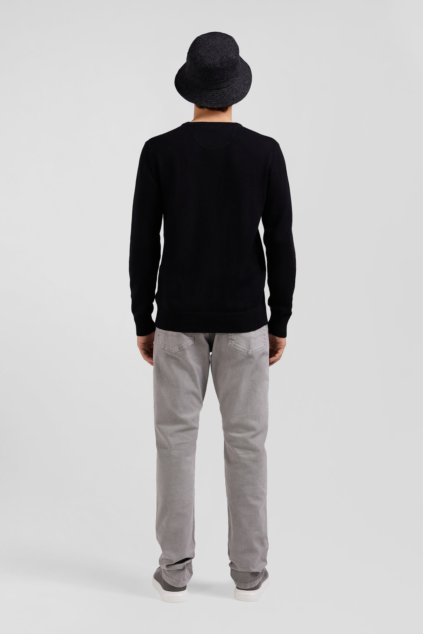 Regular black wool and cotton crew neck jumper