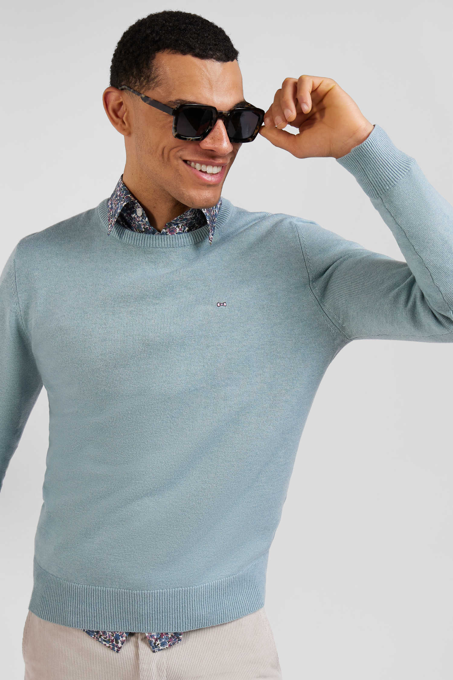 Regular green wool and cotton crew neck jumper