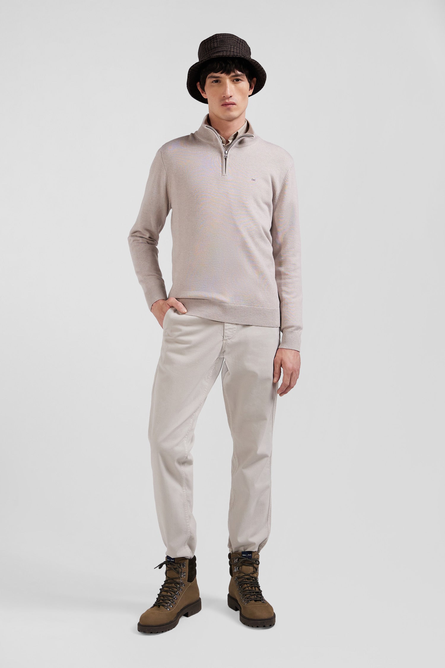 Regular beige semi-zipped wool and cotton jumper