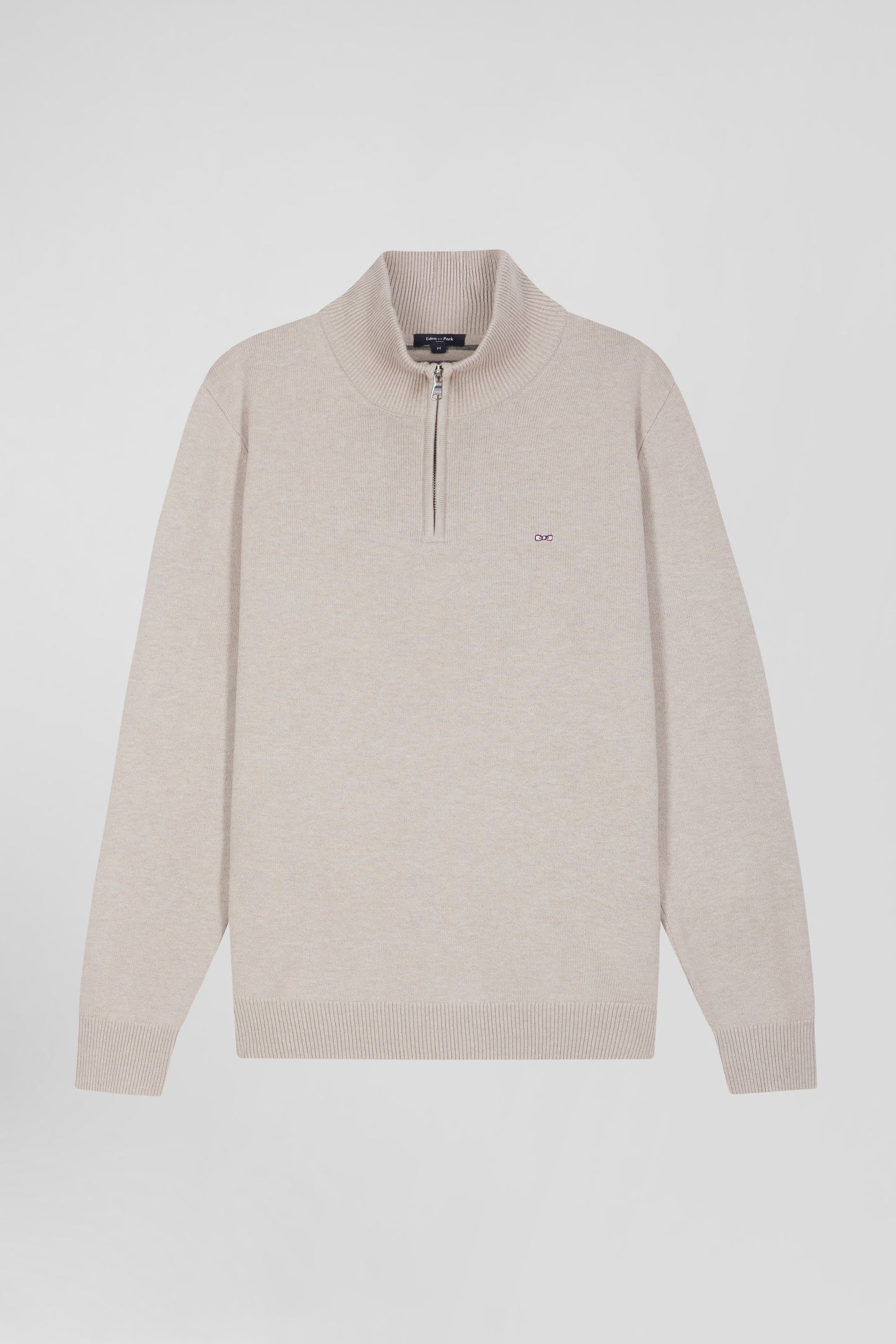 Regular beige semi-zipped wool and cotton jumper