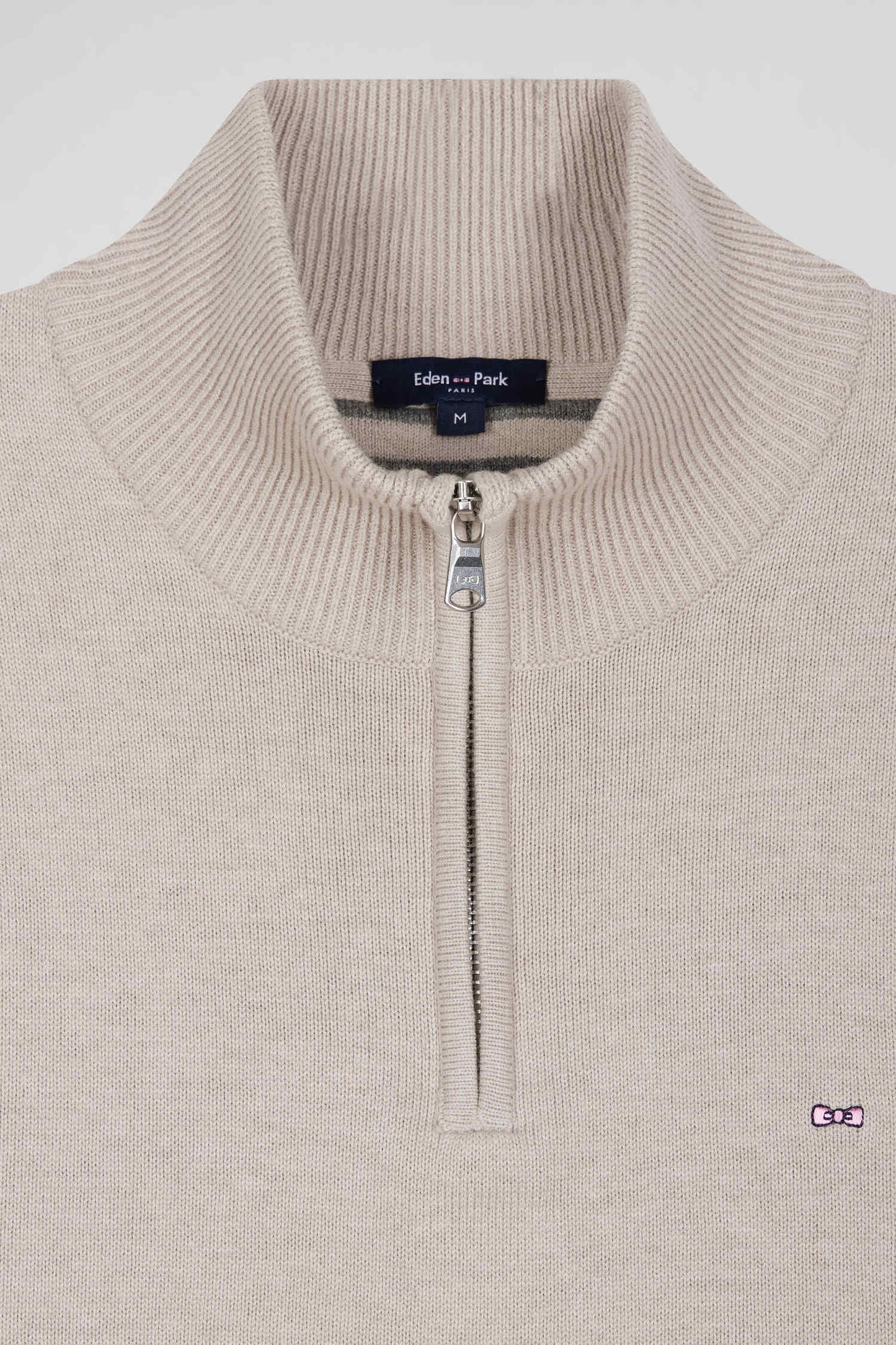 Regular beige semi-zipped wool and cotton jumper