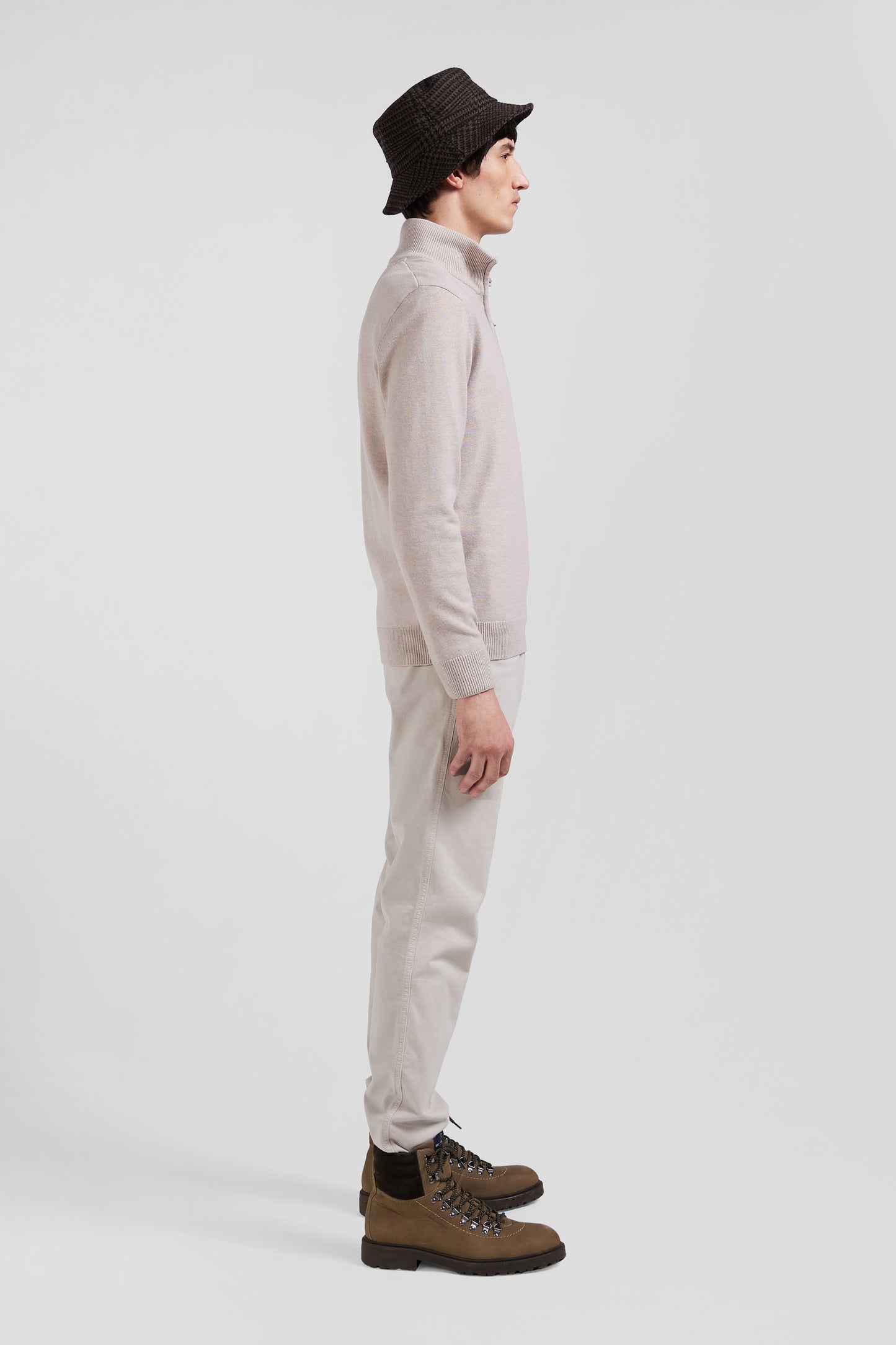 Regular beige semi-zipped wool and cotton jumper