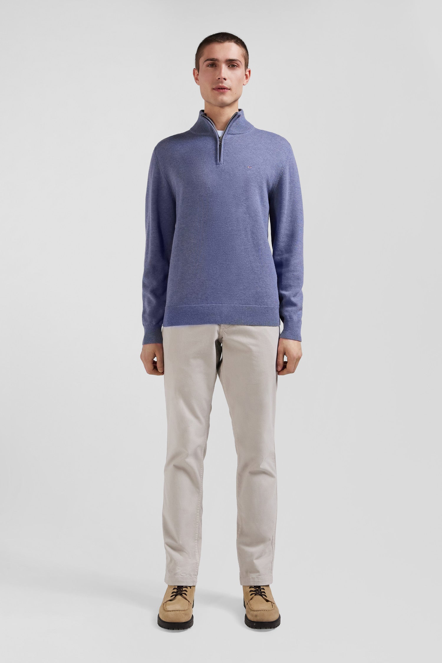 Regular light blue semi-zipped wool and cotton jumper