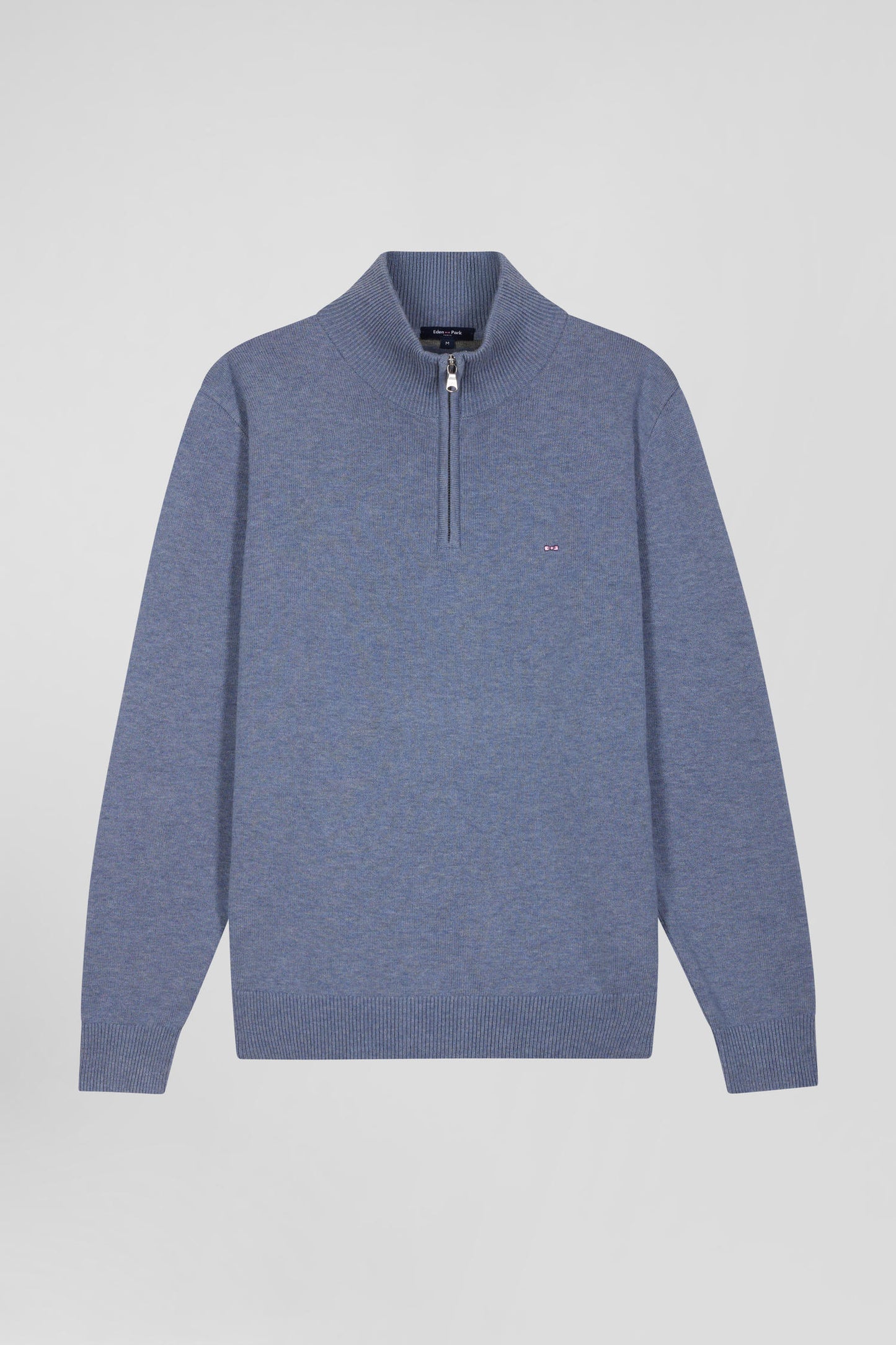 Regular light blue semi-zipped wool and cotton jumper