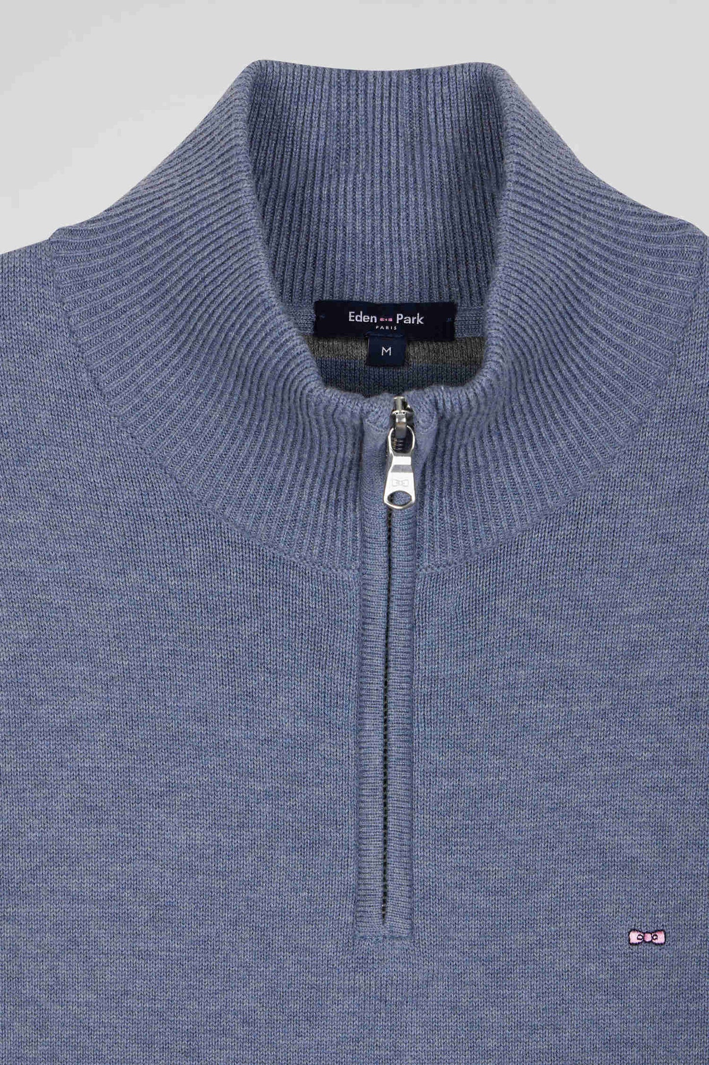 Regular light blue semi-zipped wool and cotton jumper