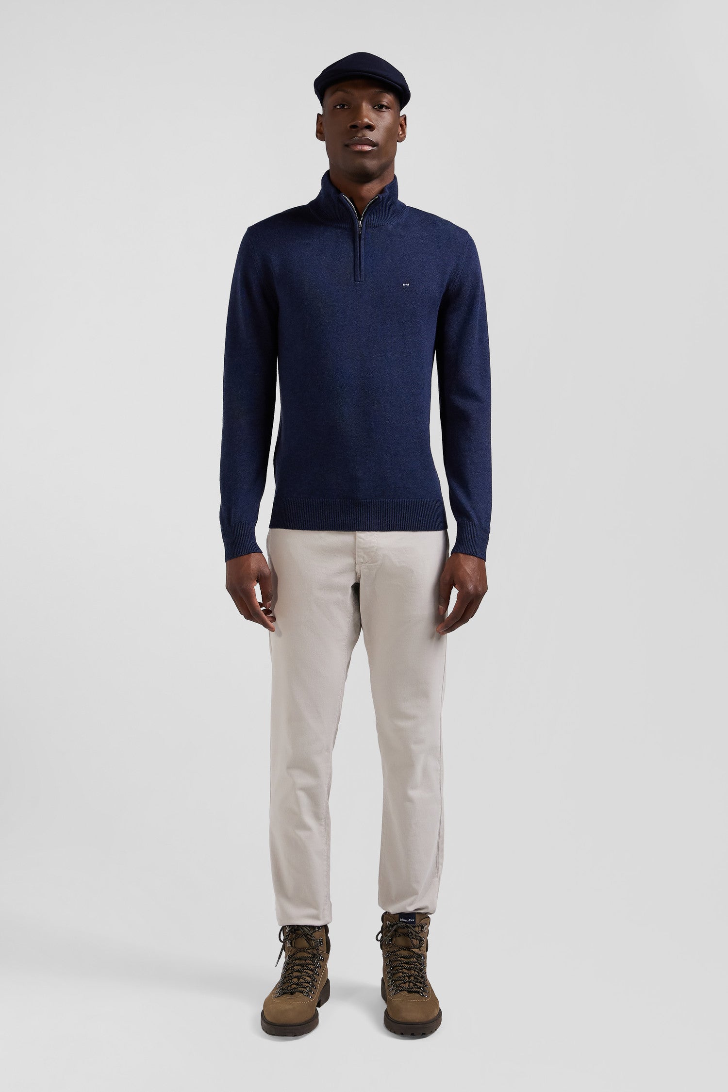 Regular dark blue semi-zipped wool and cotton jumper