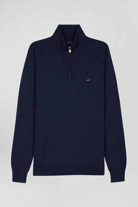 Regular dark blue semi-zipped wool and cotton jumper - Image 2