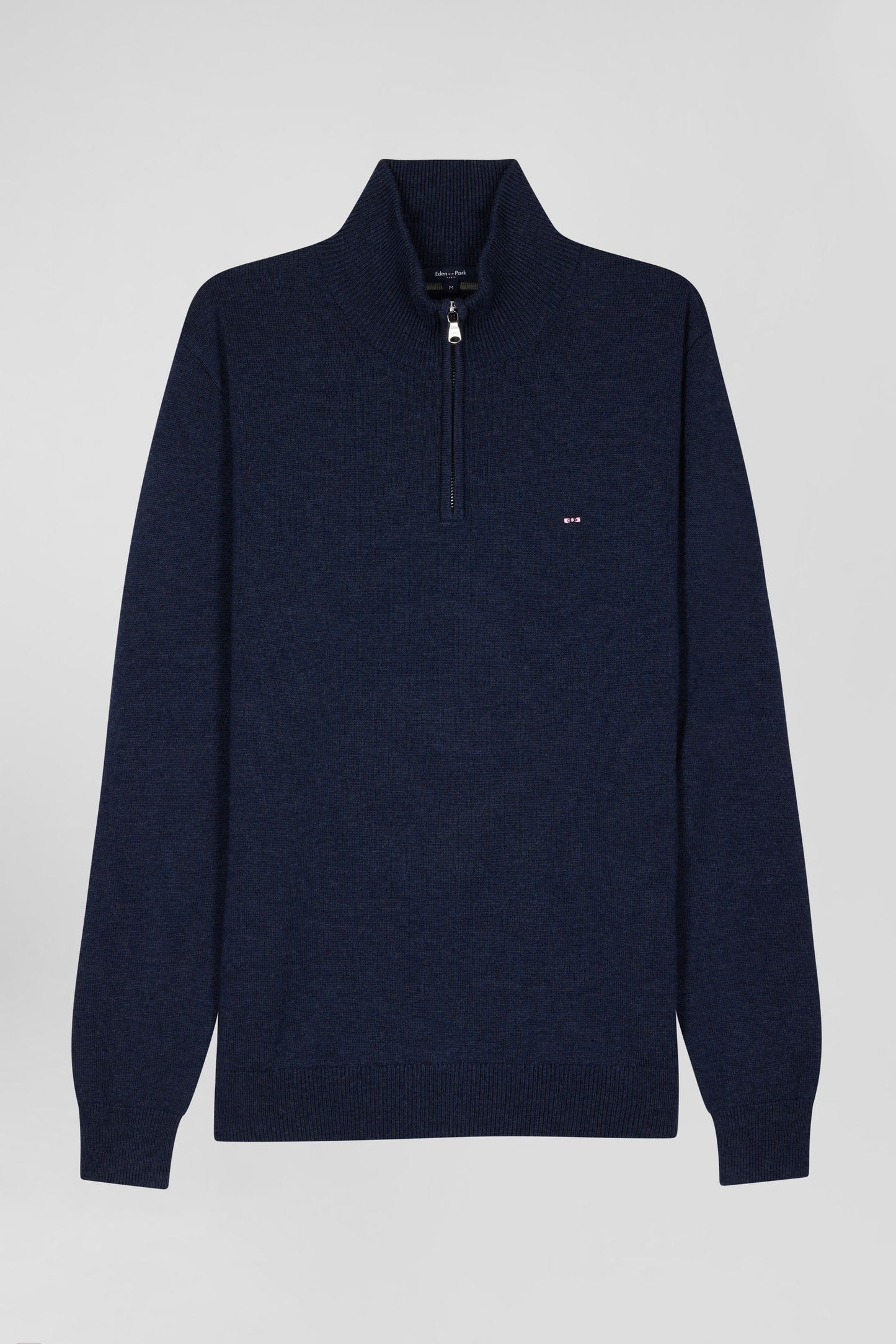 Regular dark blue semi-zipped wool and cotton jumper