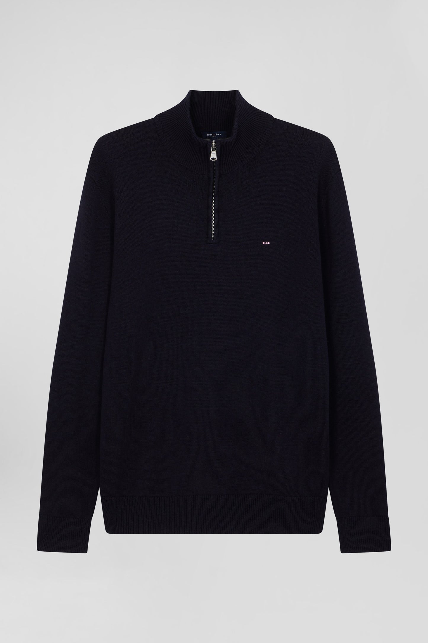 Regular navy blue semi-zipped wool and cotton jumper