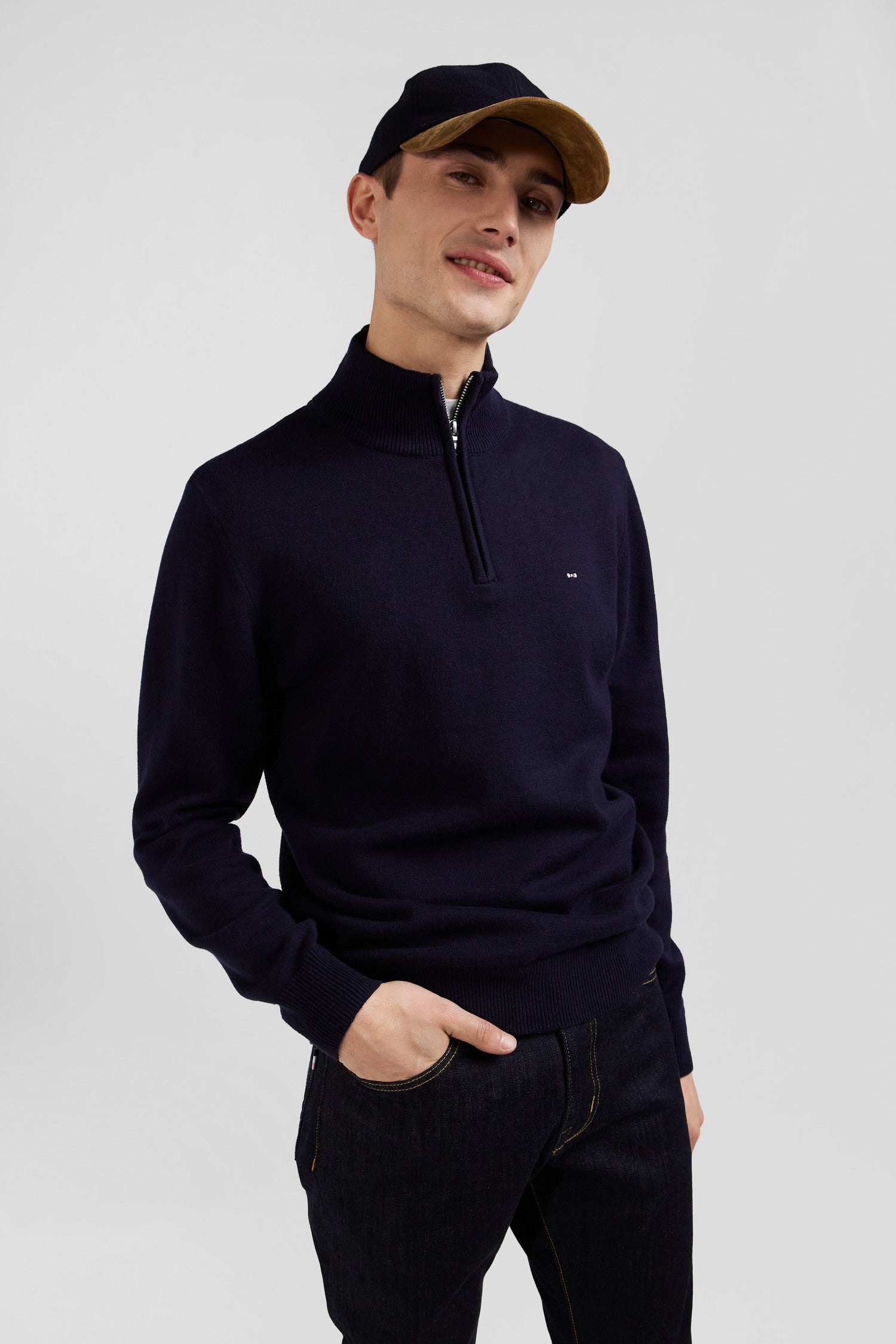 Regular navy blue semi-zipped wool and cotton jumper