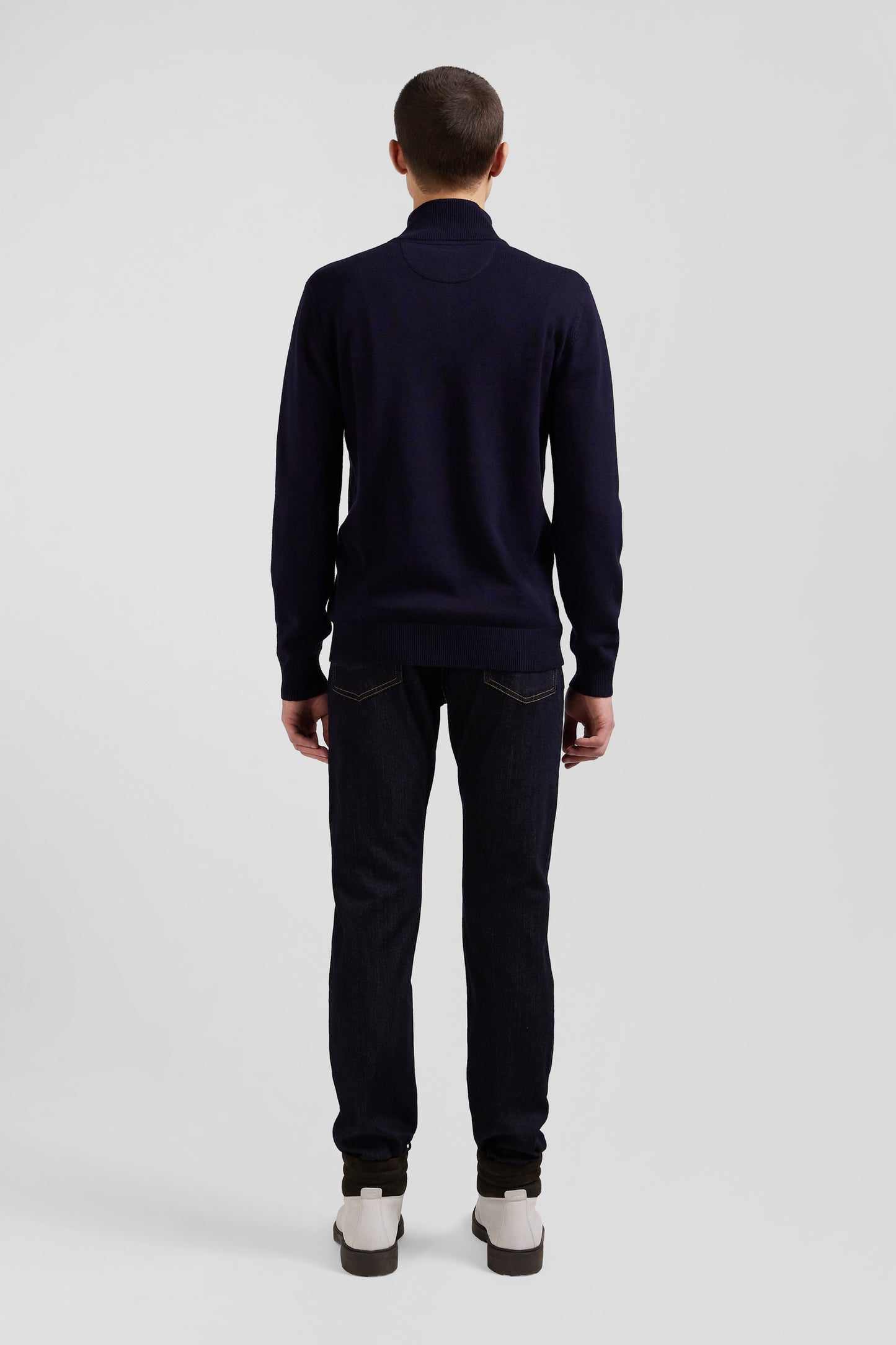 Regular navy blue semi-zipped wool and cotton jumper