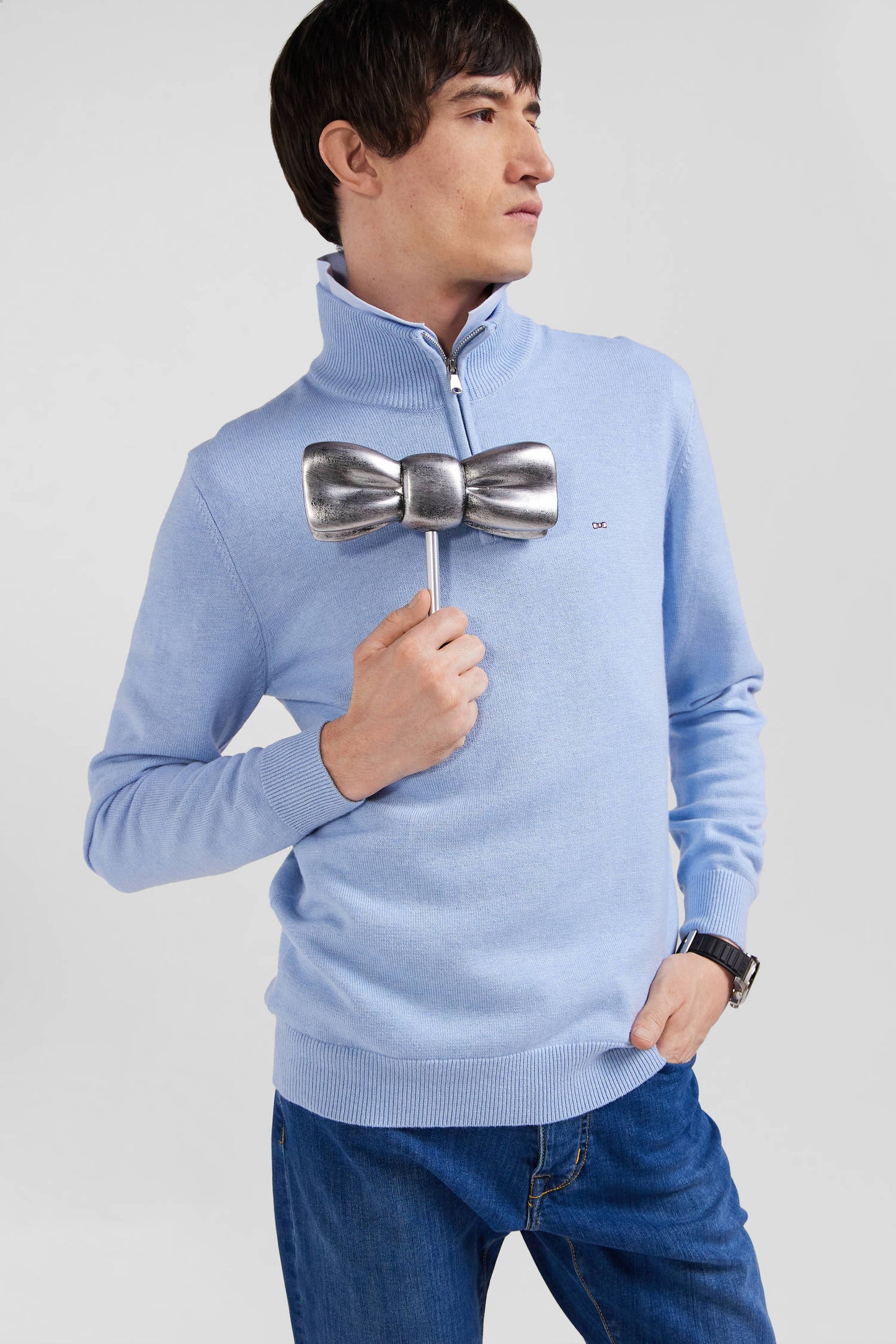 Regular sky blue semi-zipped wool and cotton jumper