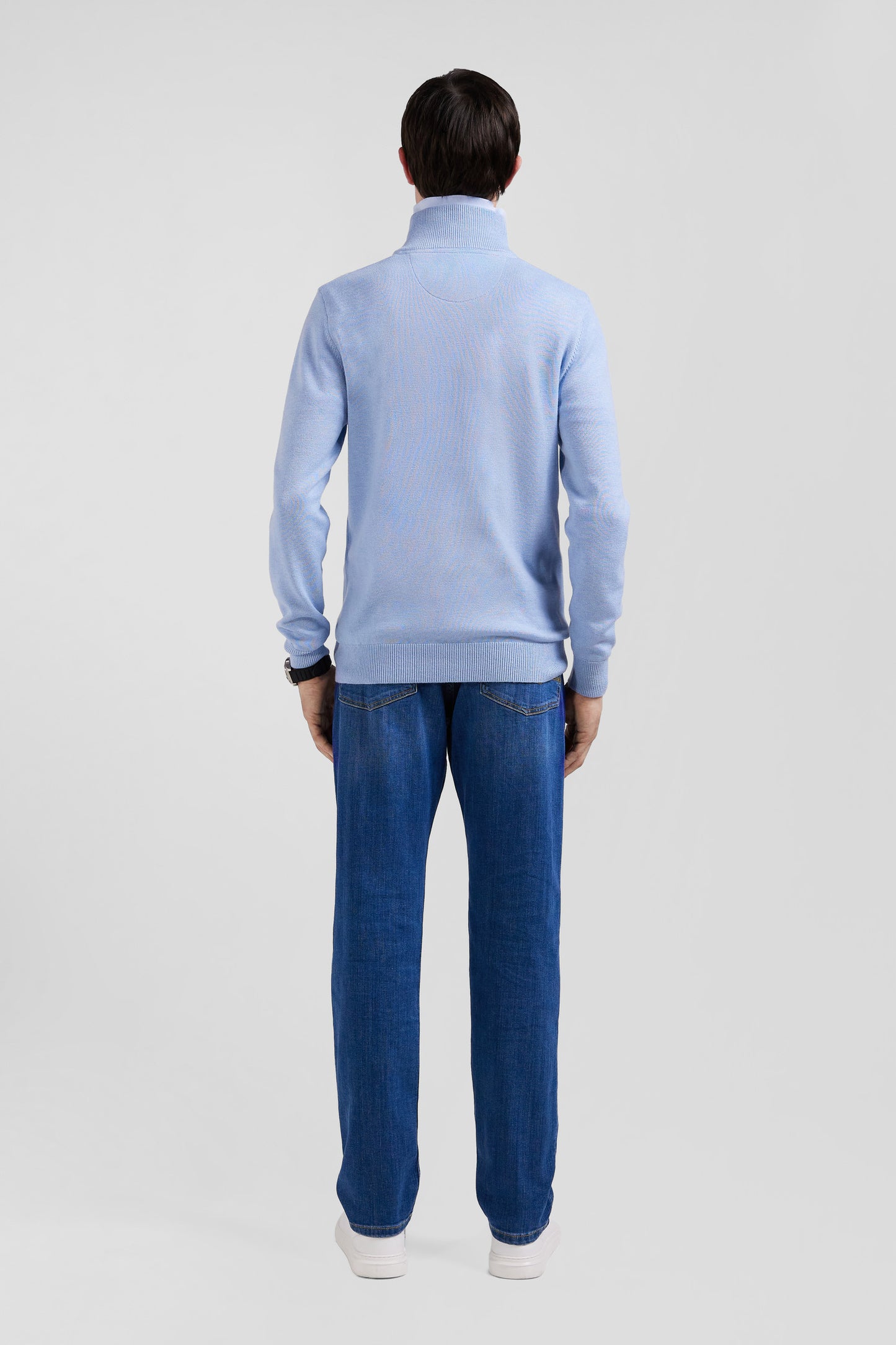 Regular sky blue semi-zipped wool and cotton jumper