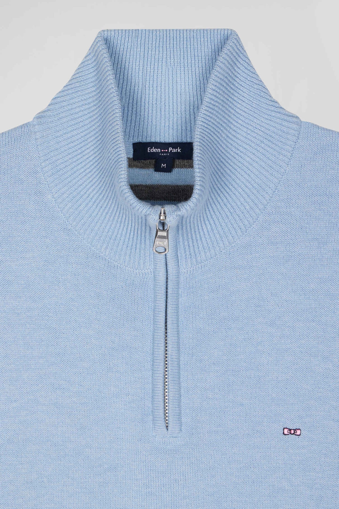 Regular sky blue semi-zipped wool and cotton jumper