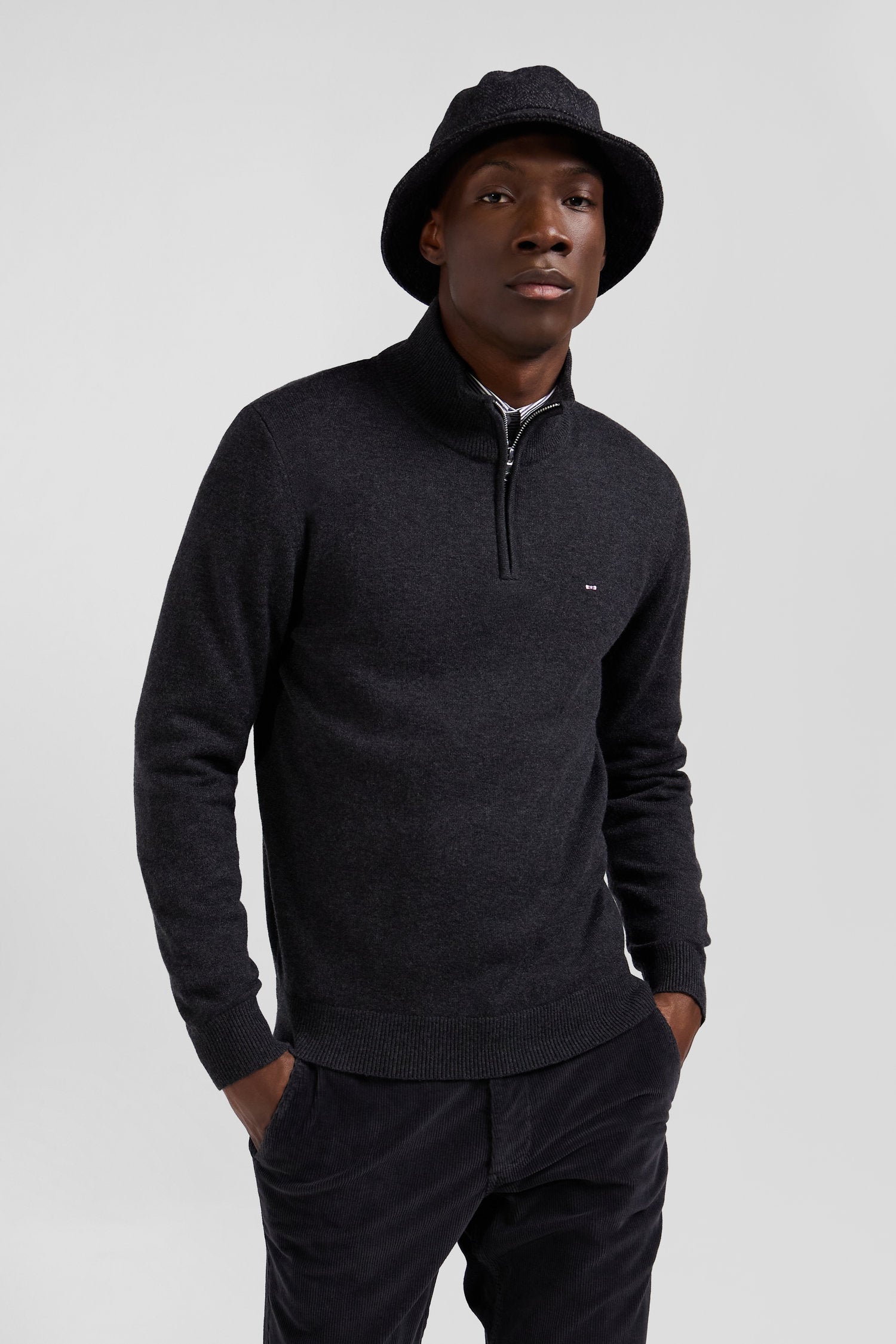 Regular anthracite grey semi-zipped wool and cotton jumper