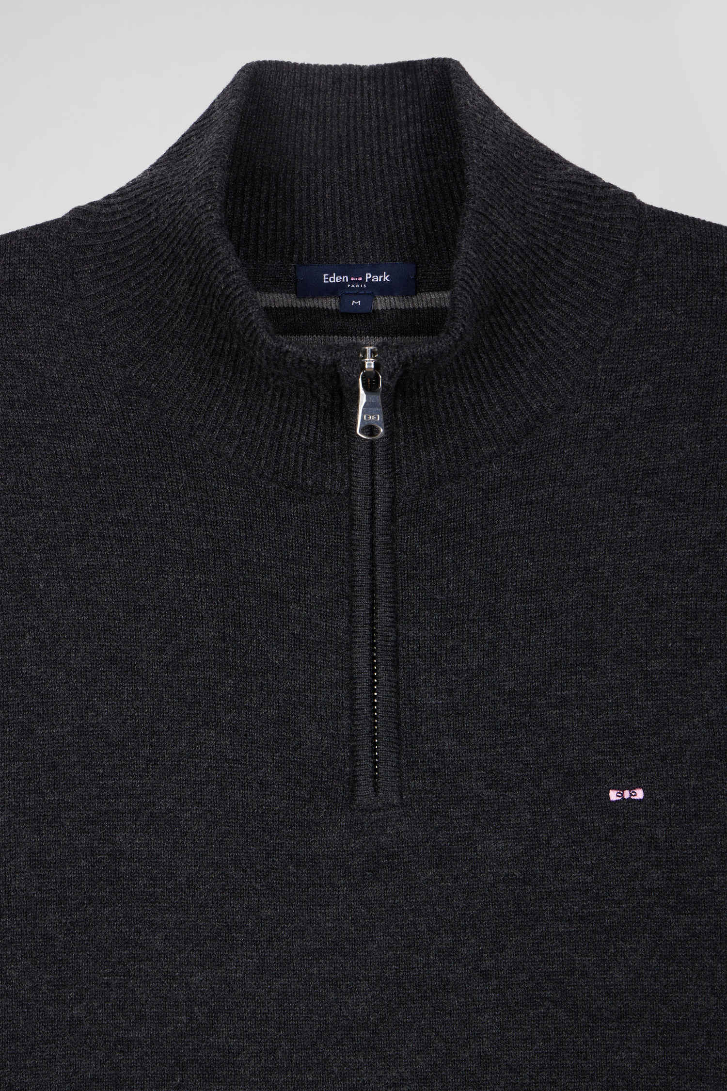 Regular anthracite grey semi-zipped wool and cotton jumper