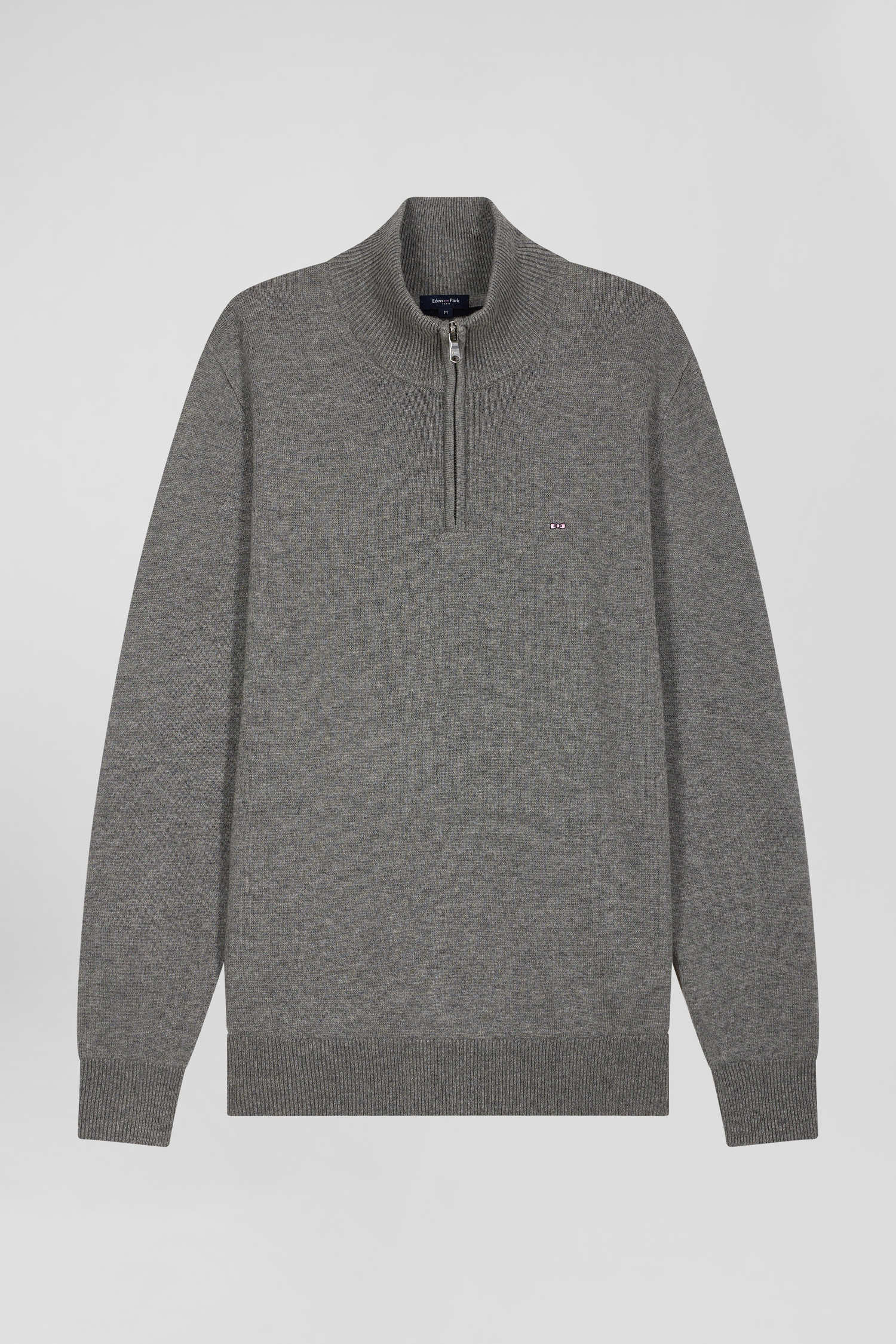 Regular light grey semi-zipped wool and cotton jumper