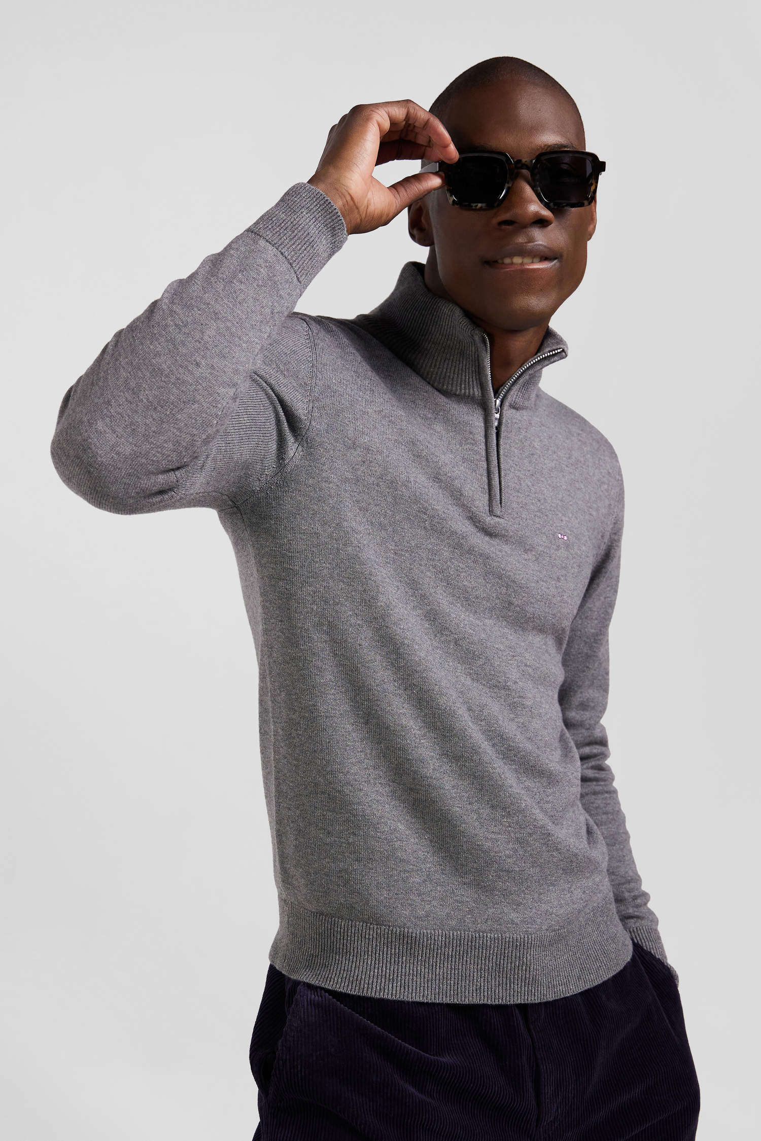 Regular light grey semi-zipped wool and cotton jumper