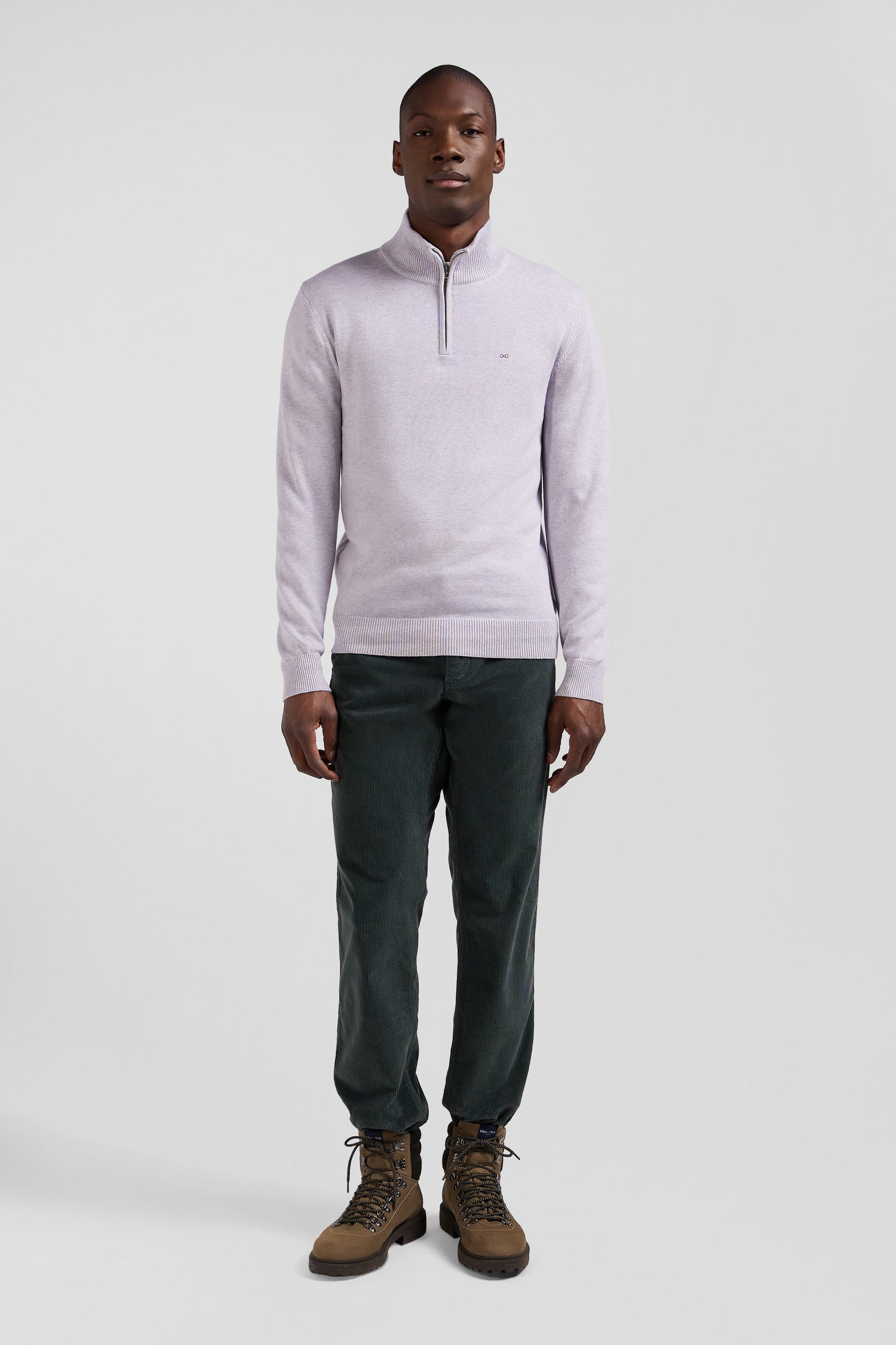 Regular grey semi-zipped wool and cotton jumper