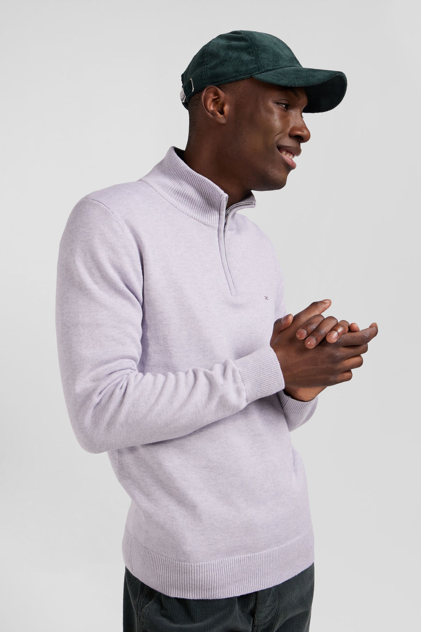 Regular grey semi-zipped wool and cotton jumper