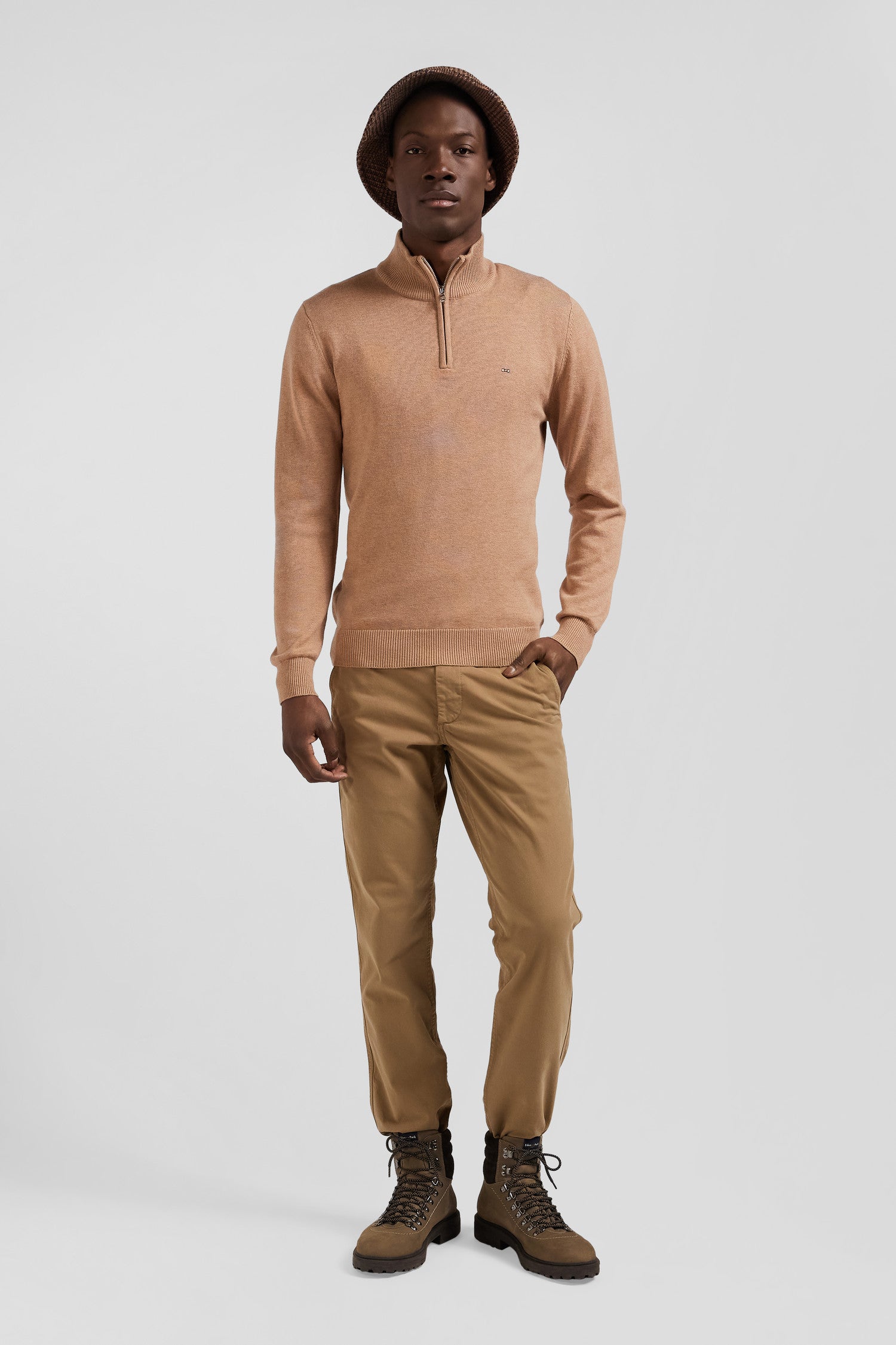 Regular camel semi-zipped wool and cotton jumper