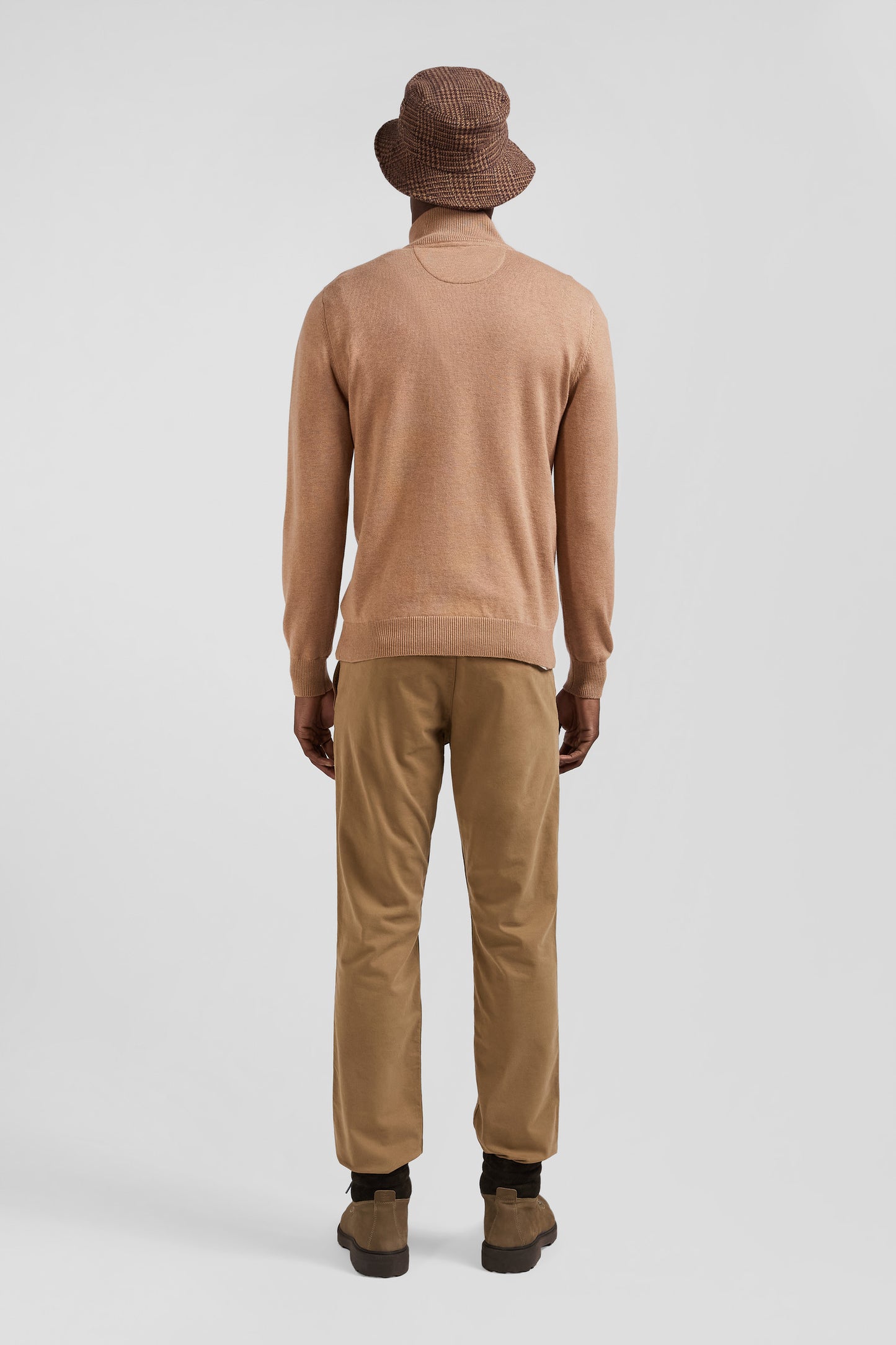 Regular camel semi-zipped wool and cotton jumper