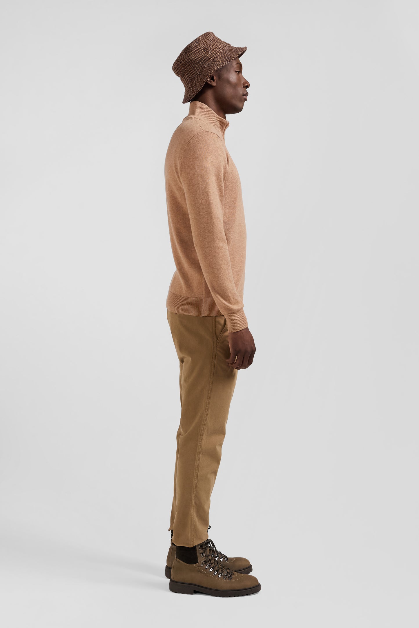 Regular camel semi-zipped wool and cotton jumper