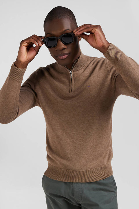 Regular brown semi-zipped wool and cotton jumper - Image 3