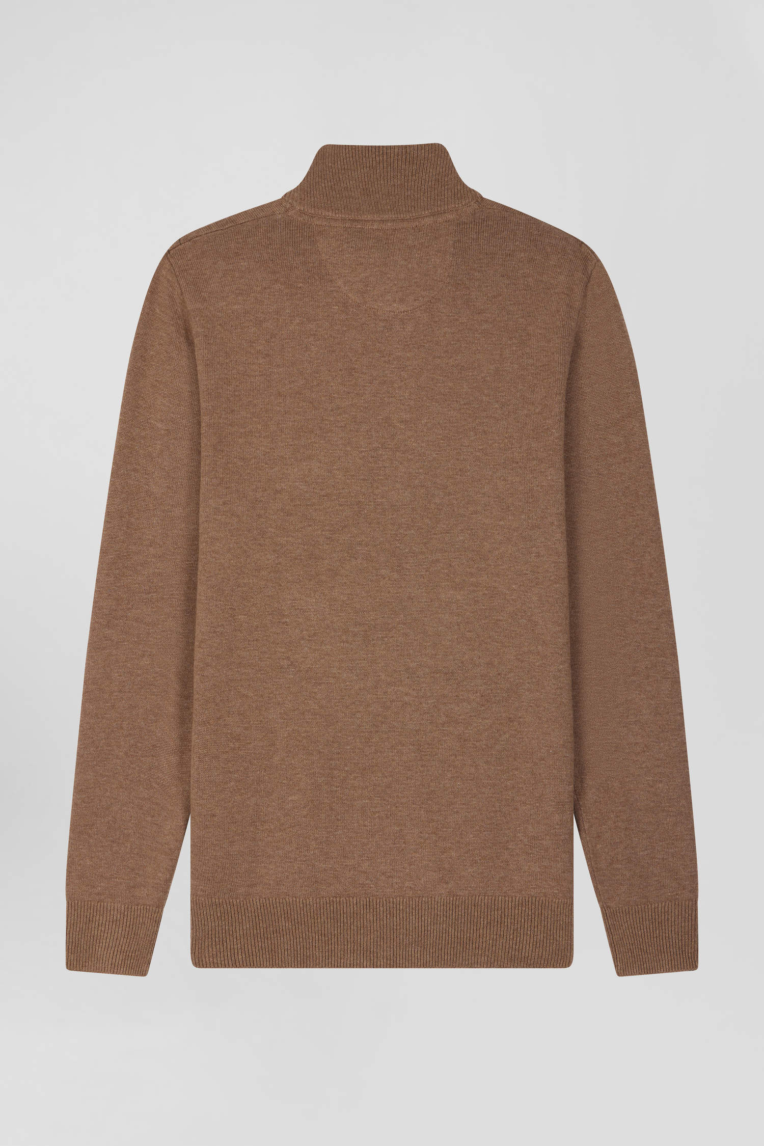 Regular brown semi-zipped wool and cotton jumper