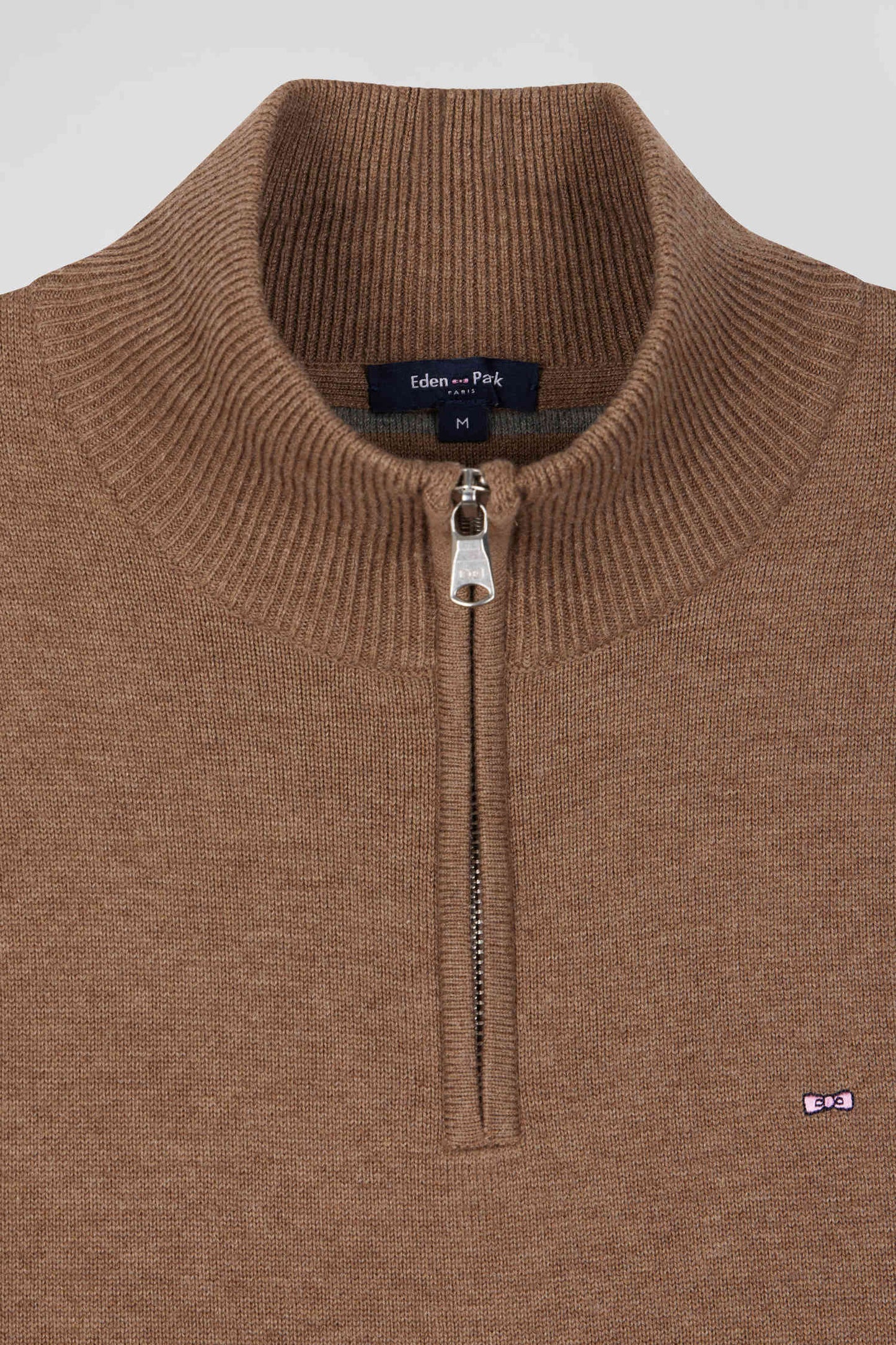 Regular brown semi-zipped wool and cotton jumper