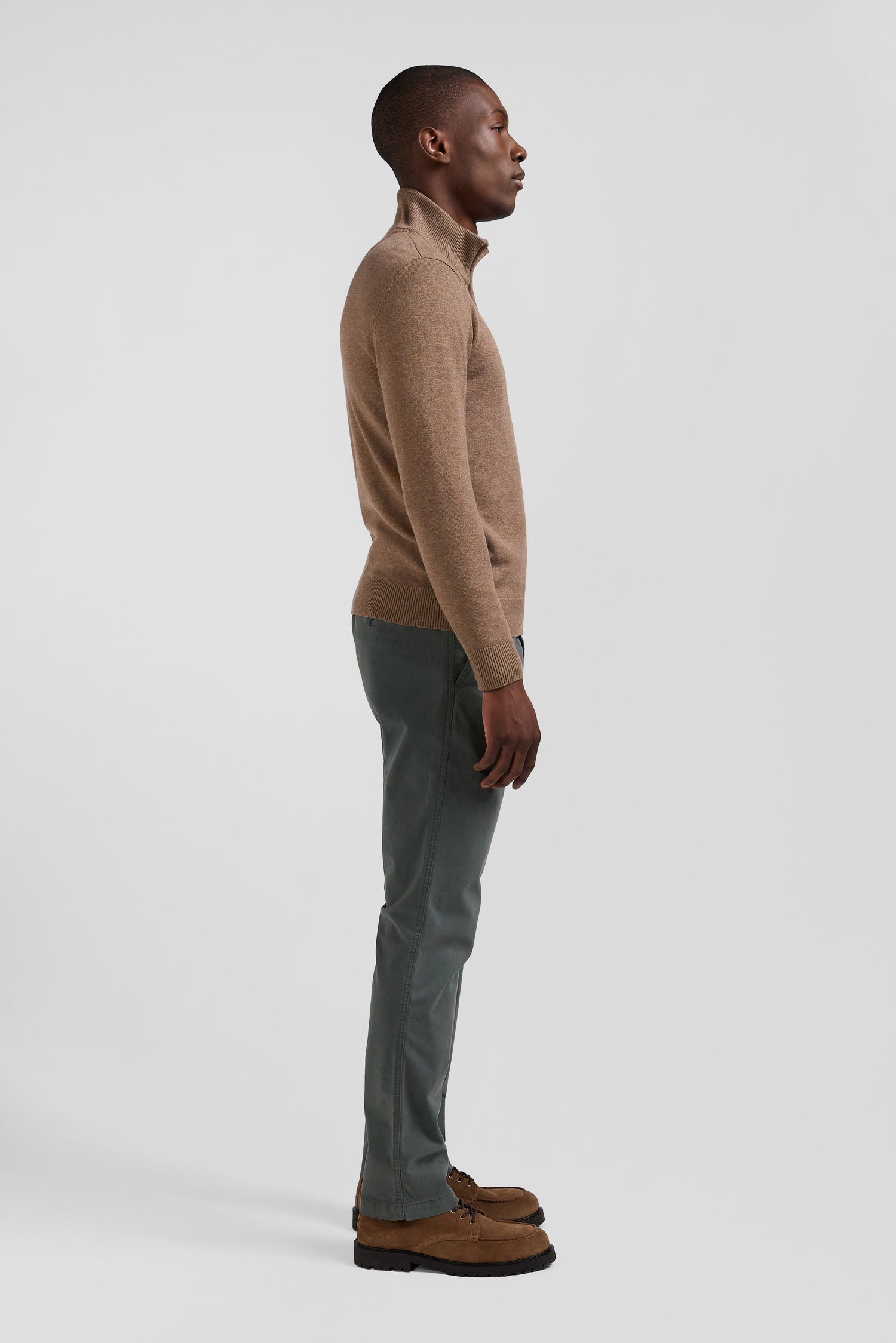 Regular brown semi-zipped wool and cotton jumper