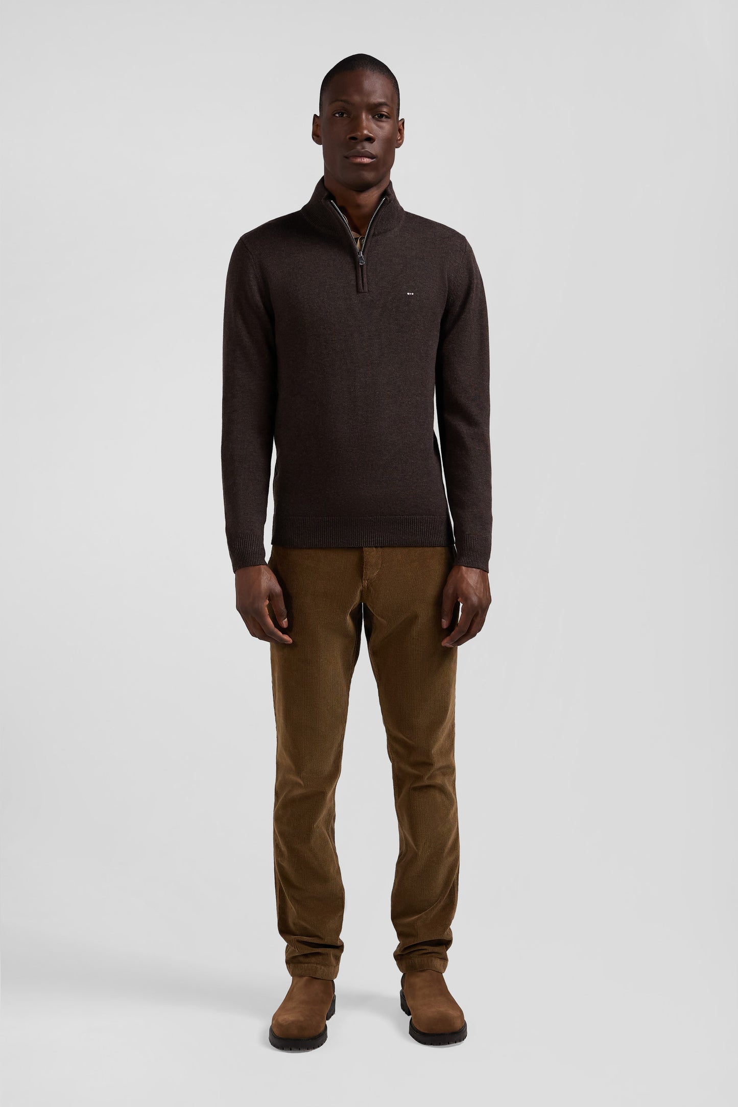 Regular dark brown semi-zipped wool and cotton jumper