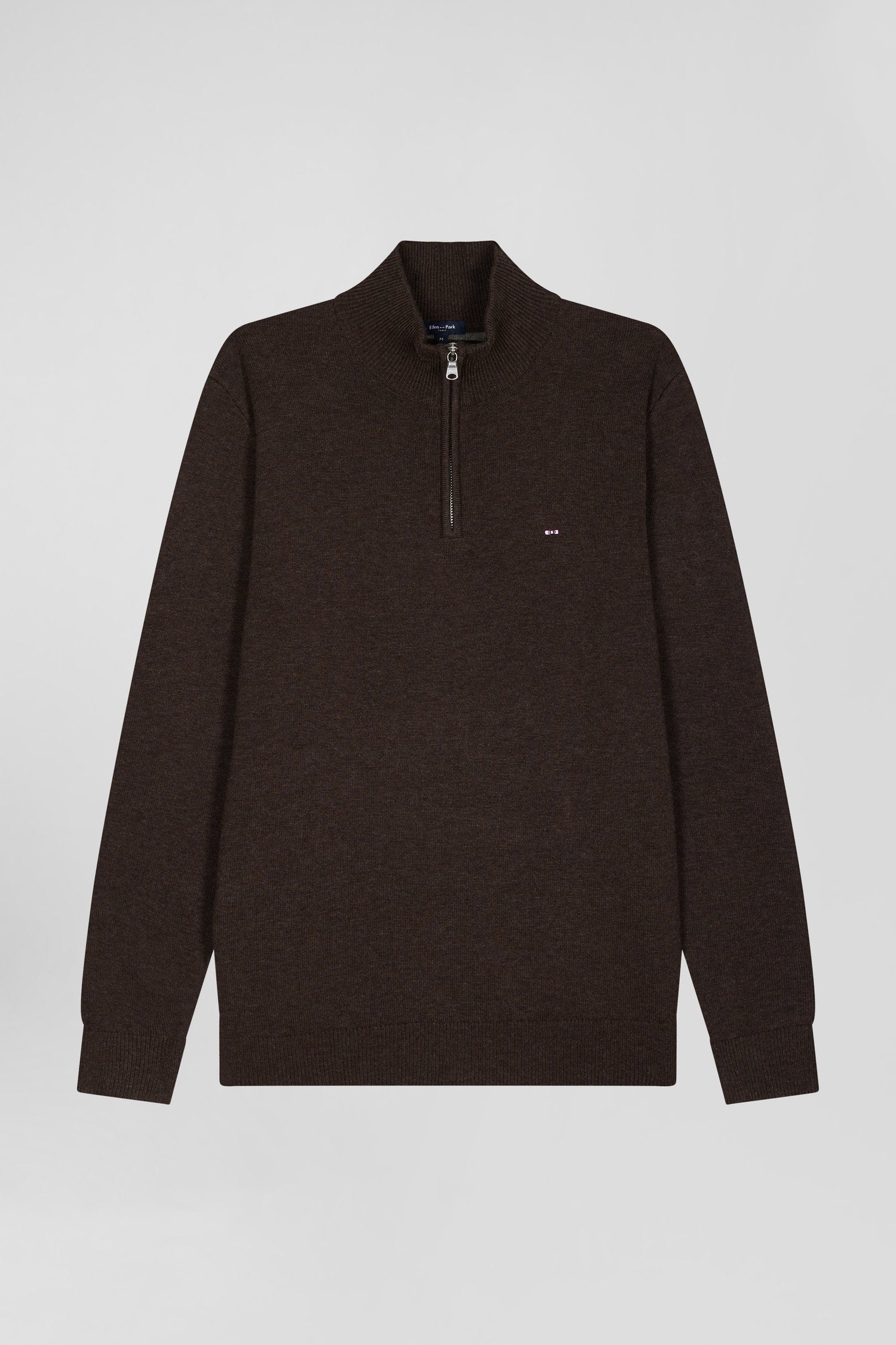 Regular dark brown semi-zipped wool and cotton jumper