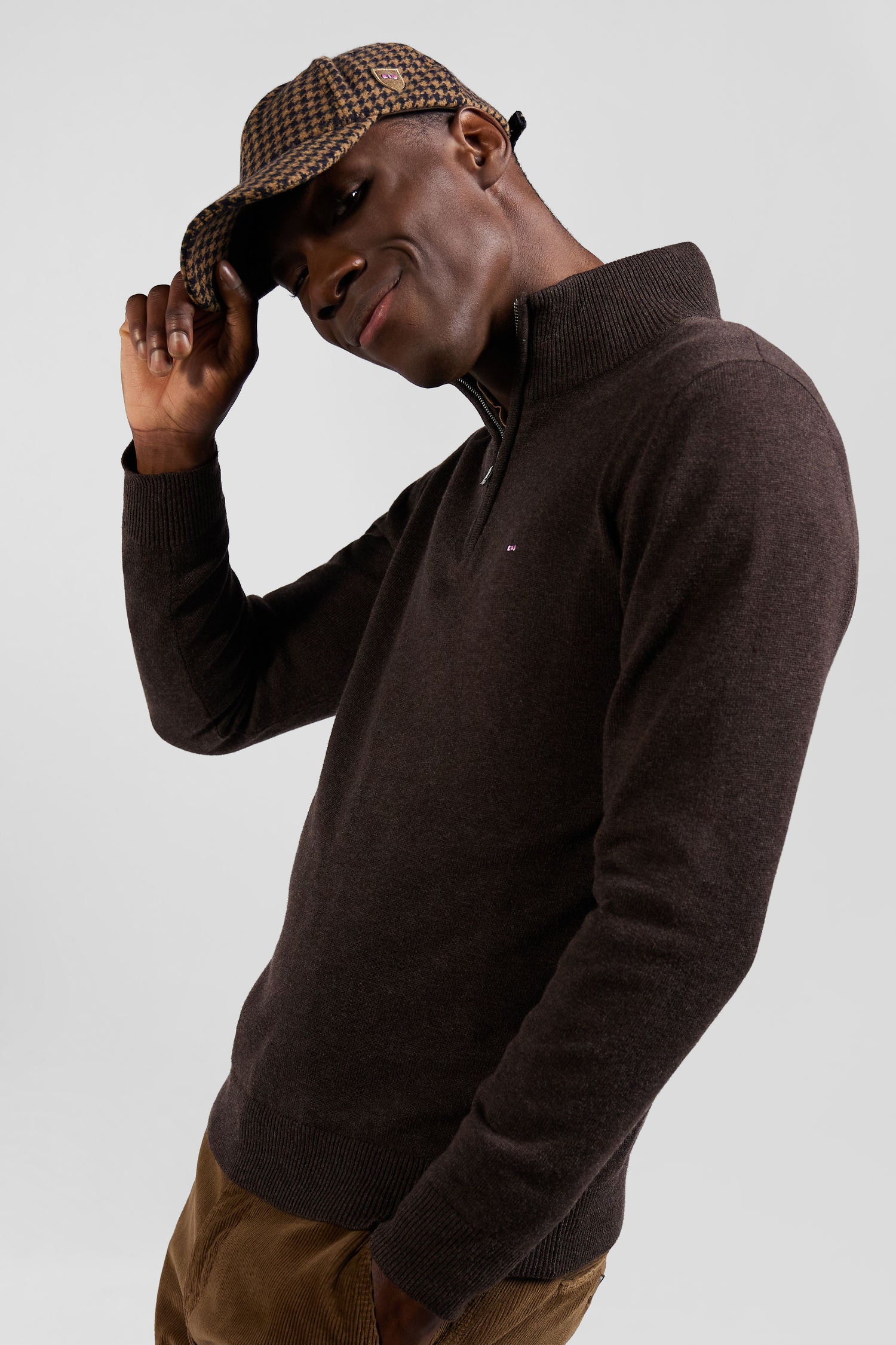 Regular dark brown semi-zipped wool and cotton jumper