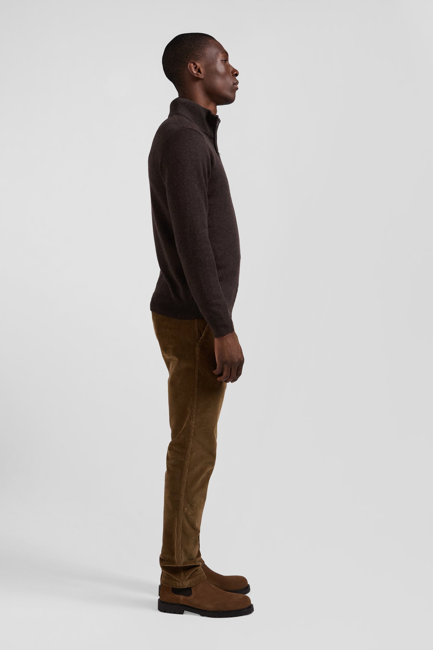 Regular dark brown semi-zipped wool and cotton jumper