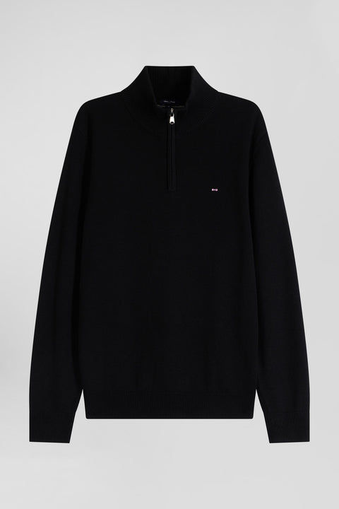 Regular black semi-zipped wool and cotton jumper - Image 2