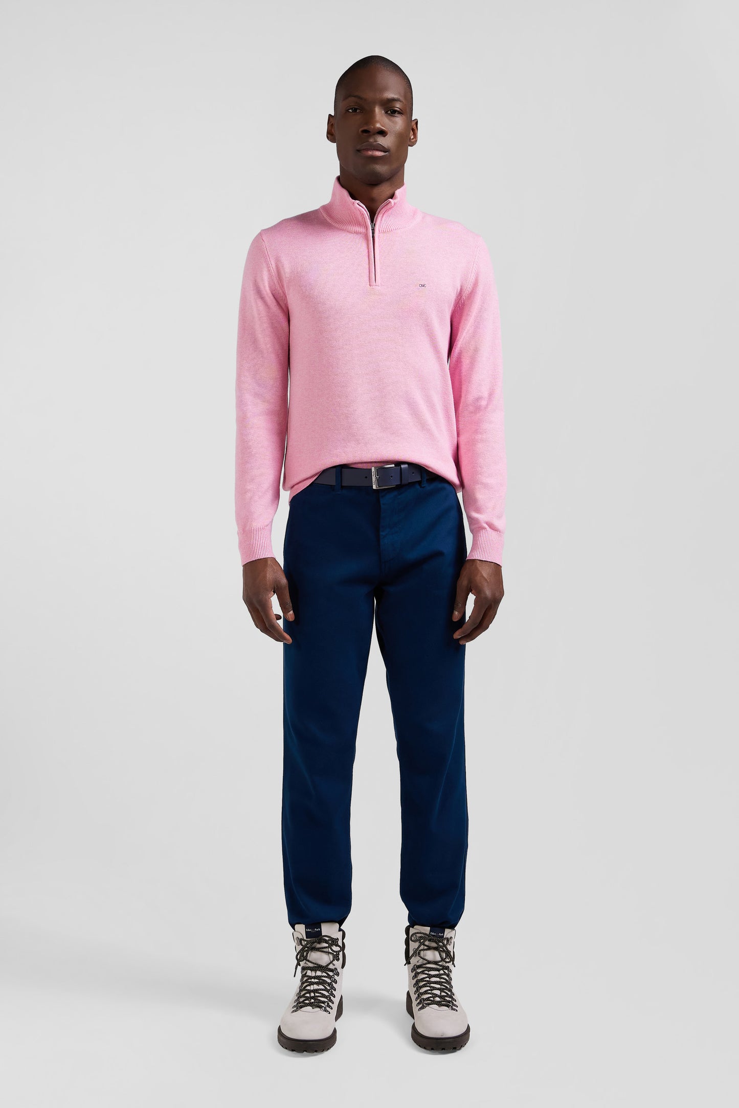 Regular pink semi-zipped wool and cotton jumper