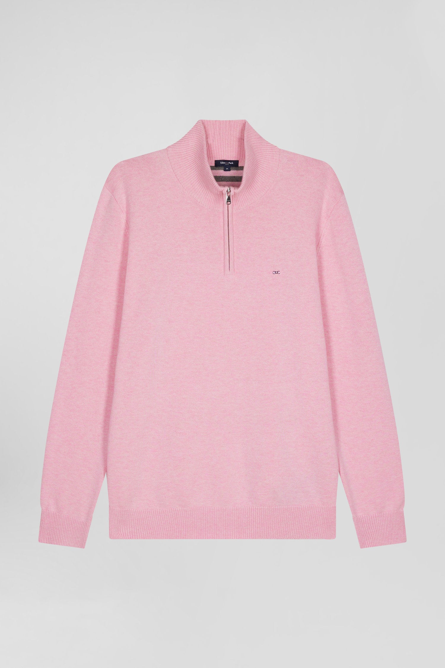 Regular pink semi-zipped wool and cotton jumper