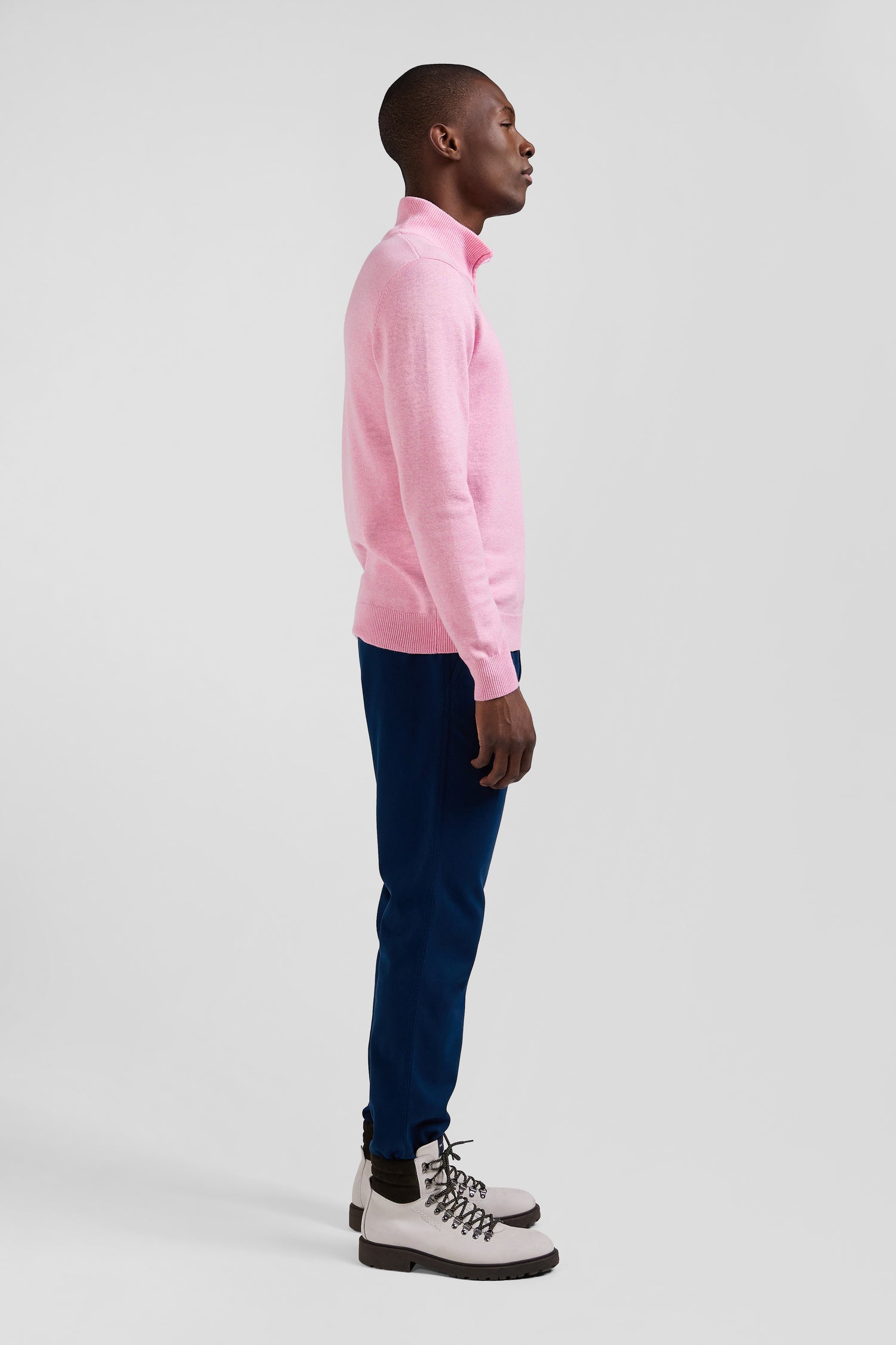 Regular pink semi-zipped wool and cotton jumper