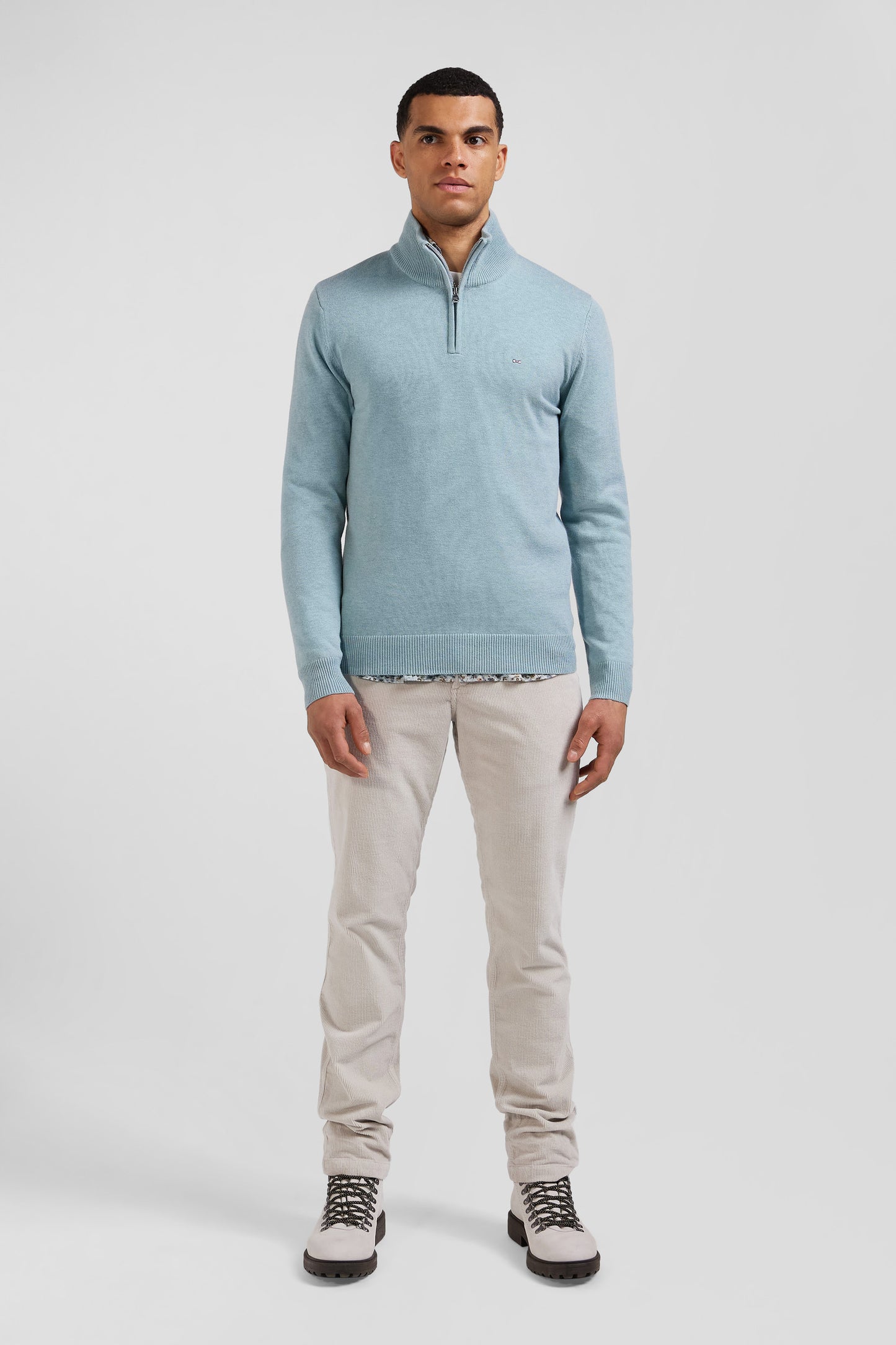 Regular green semi-zipped wool and cotton jumper