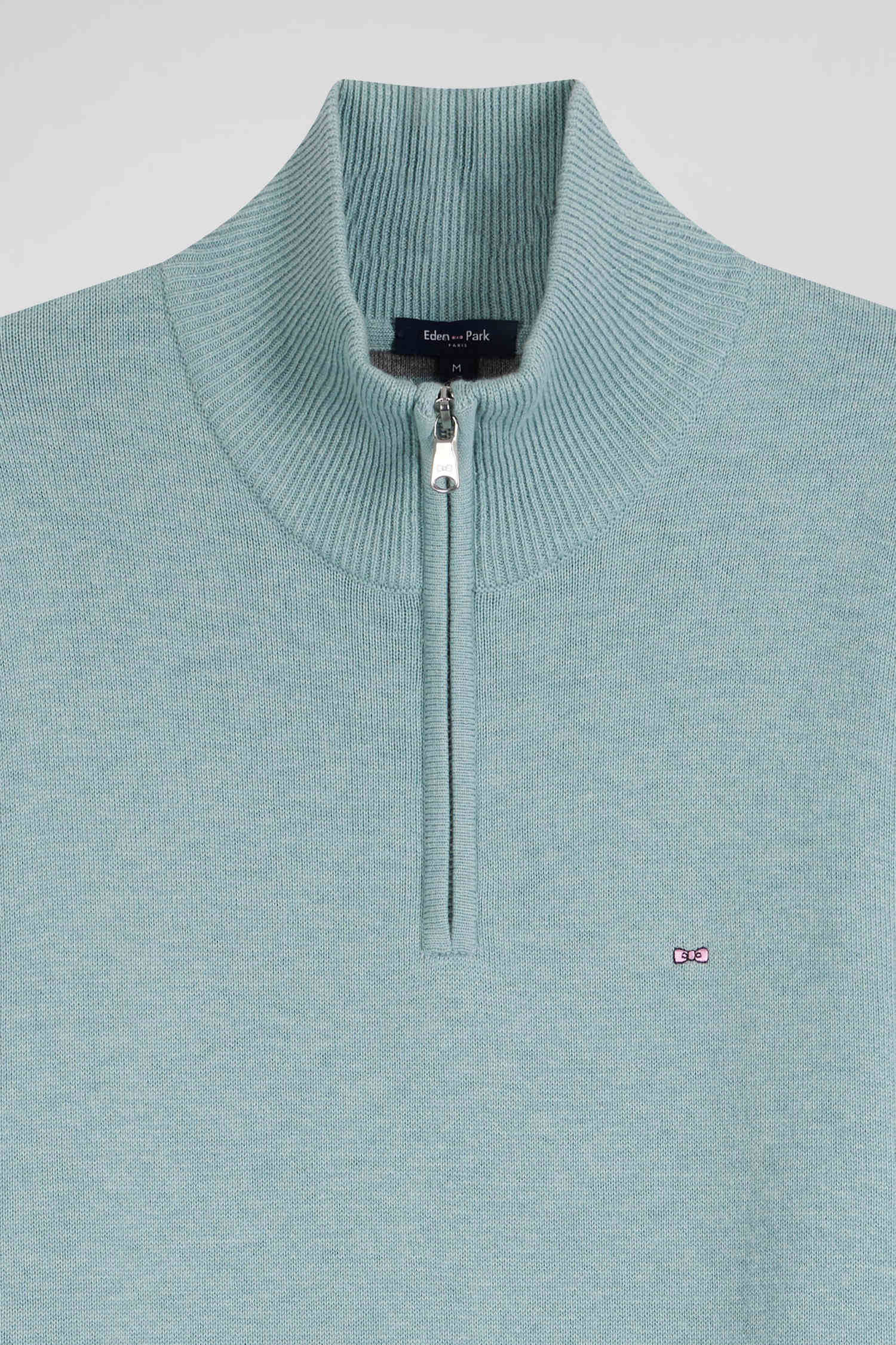 Regular green semi-zipped wool and cotton jumper