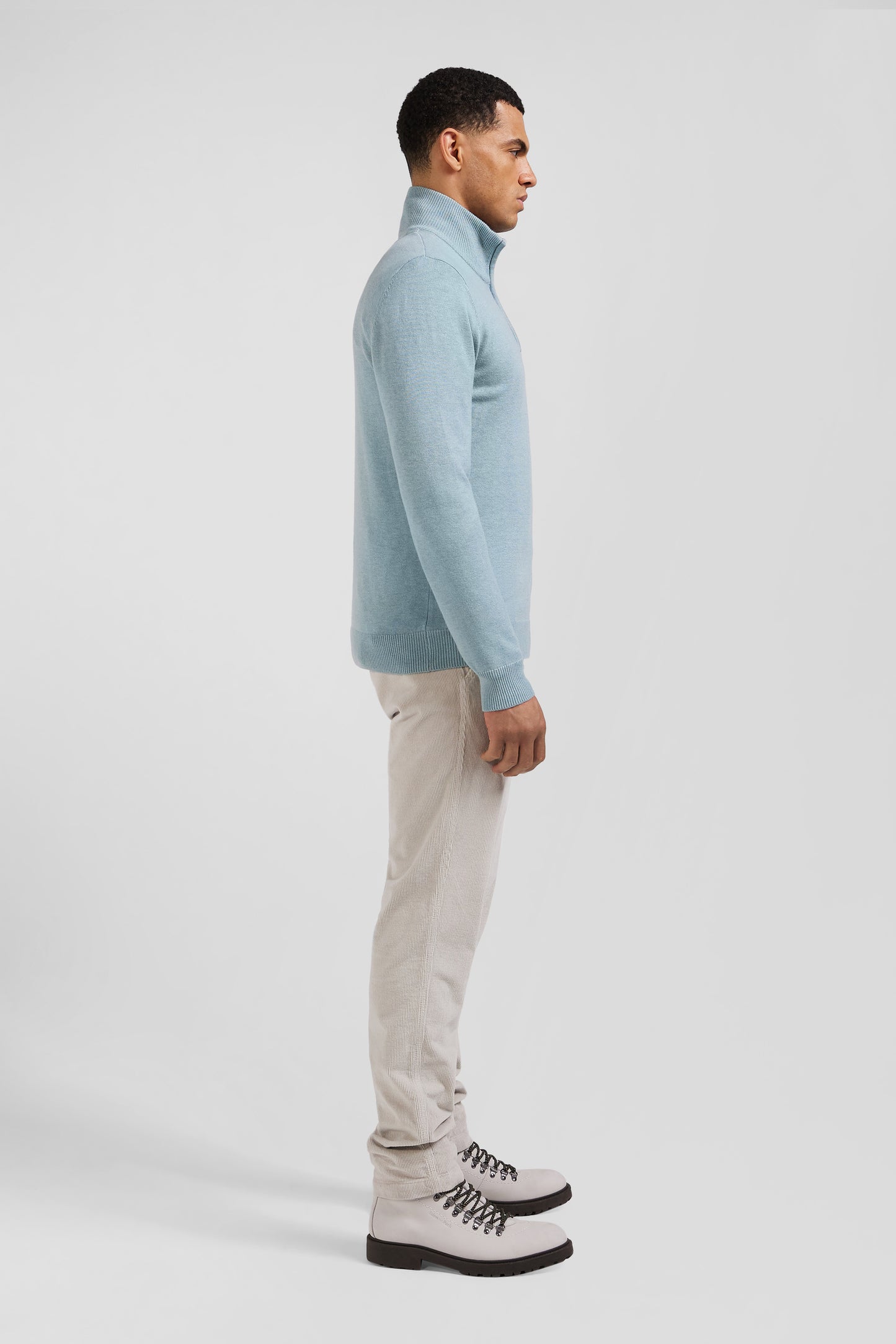 Regular green semi-zipped wool and cotton jumper