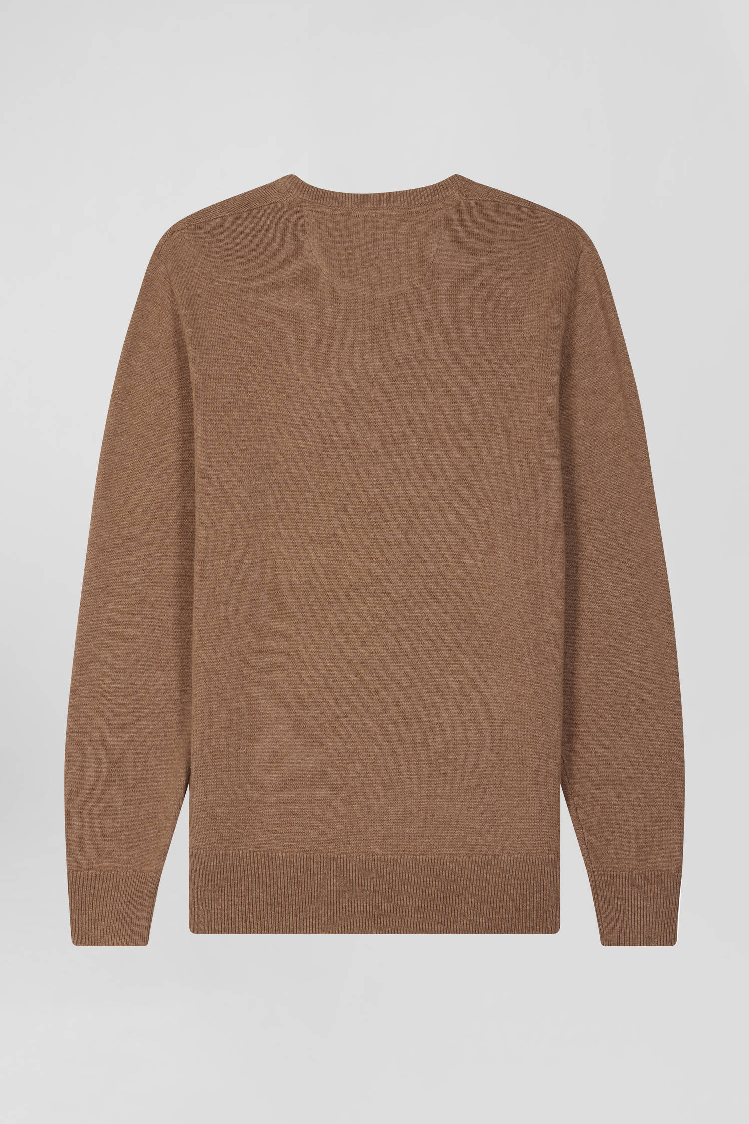 Regular camel wool and cotton V-neck jumper with striped details